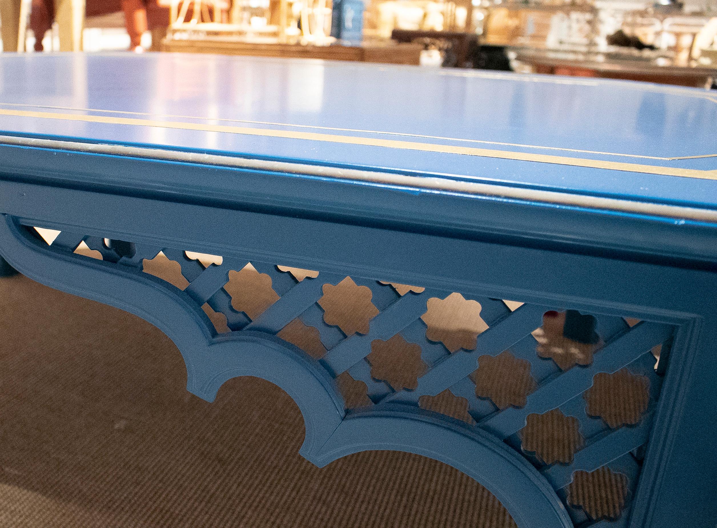 1970s Spanish Al-Andalus Inspired Wood and Brass Blue Coffee Table For Sale 8