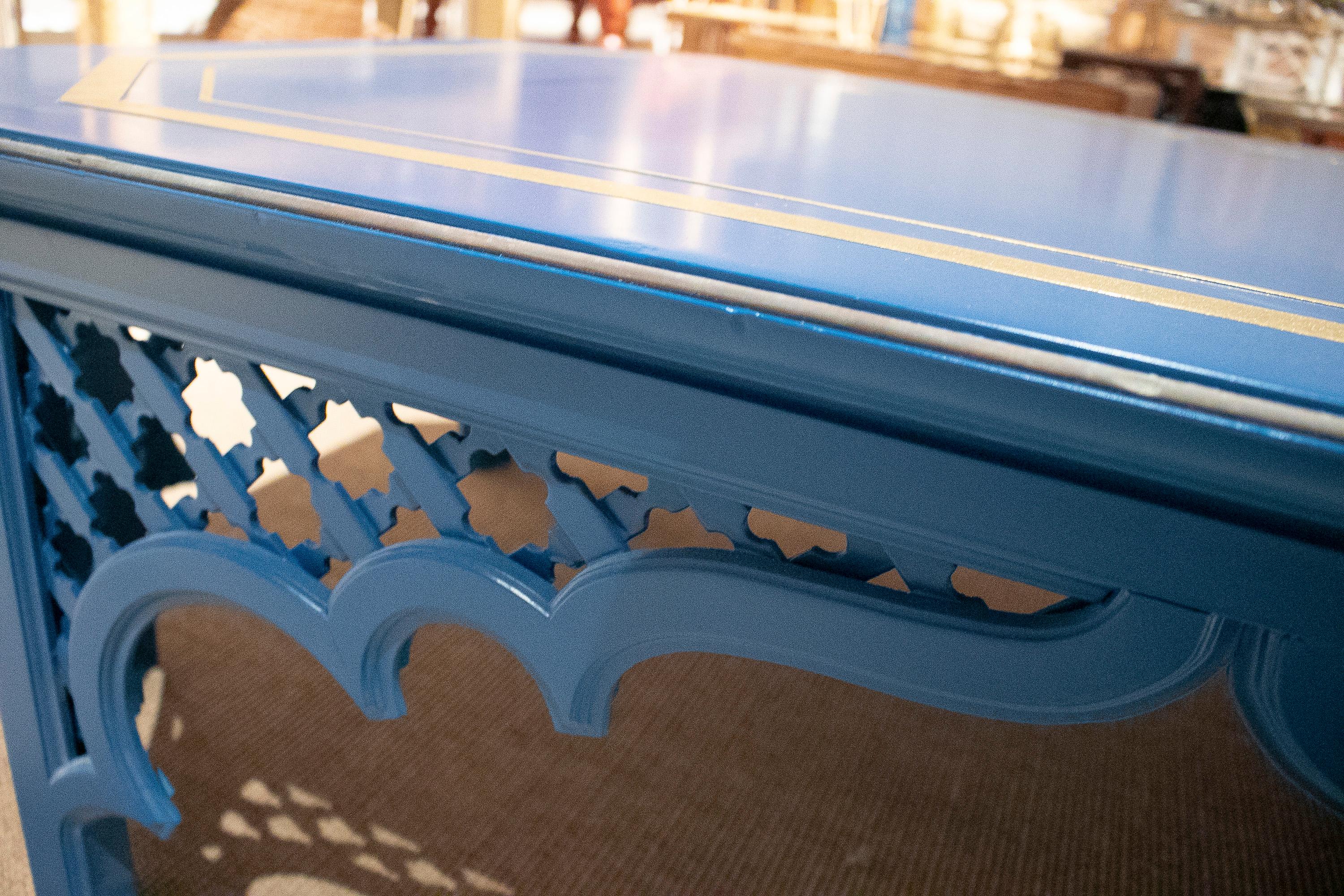 1970s Spanish Al-Andalus Inspired Wood and Brass Blue Coffee Table For Sale 9