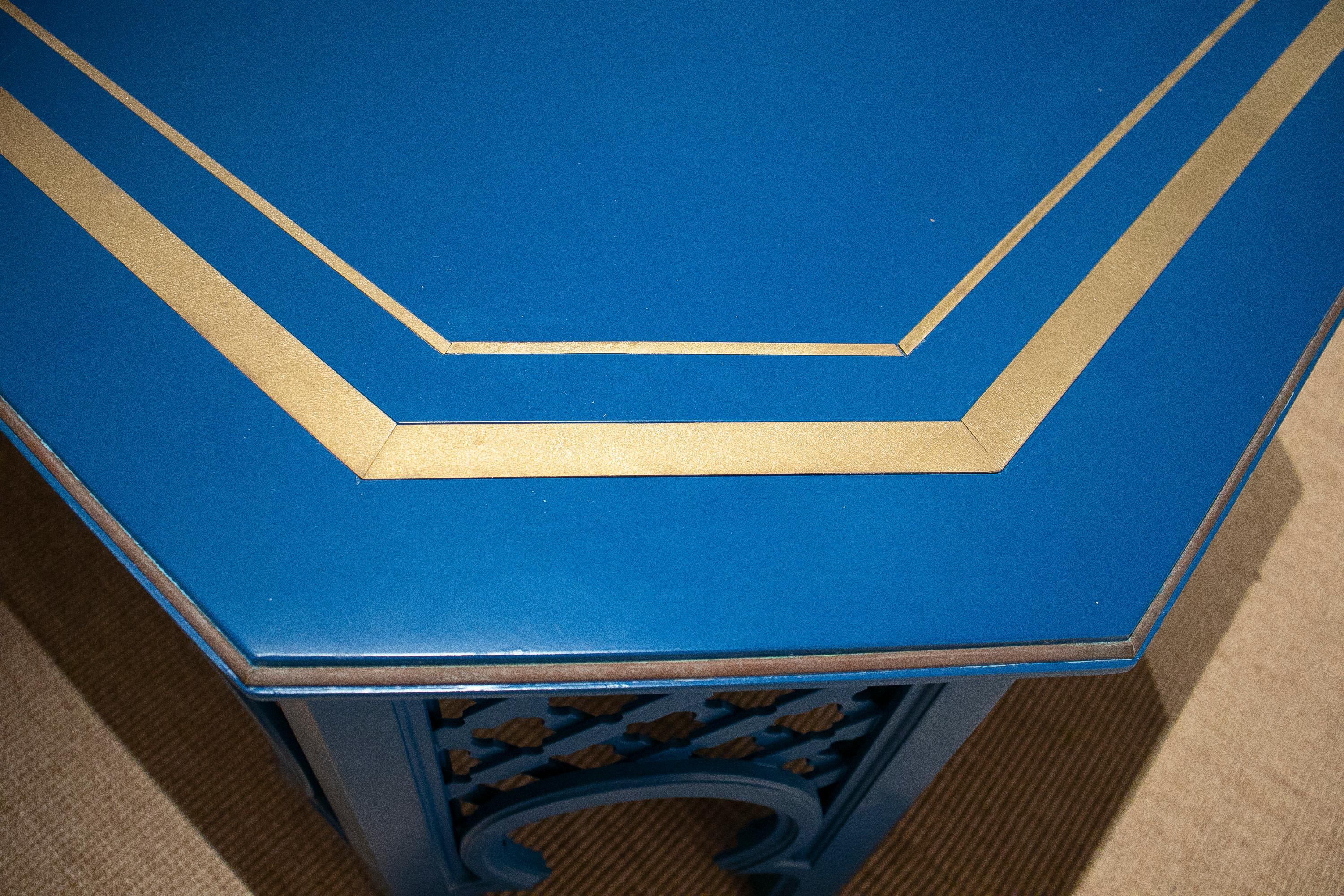 1970s Spanish Al-Andalus Inspired Wood and Brass Blue Coffee Table For Sale 10
