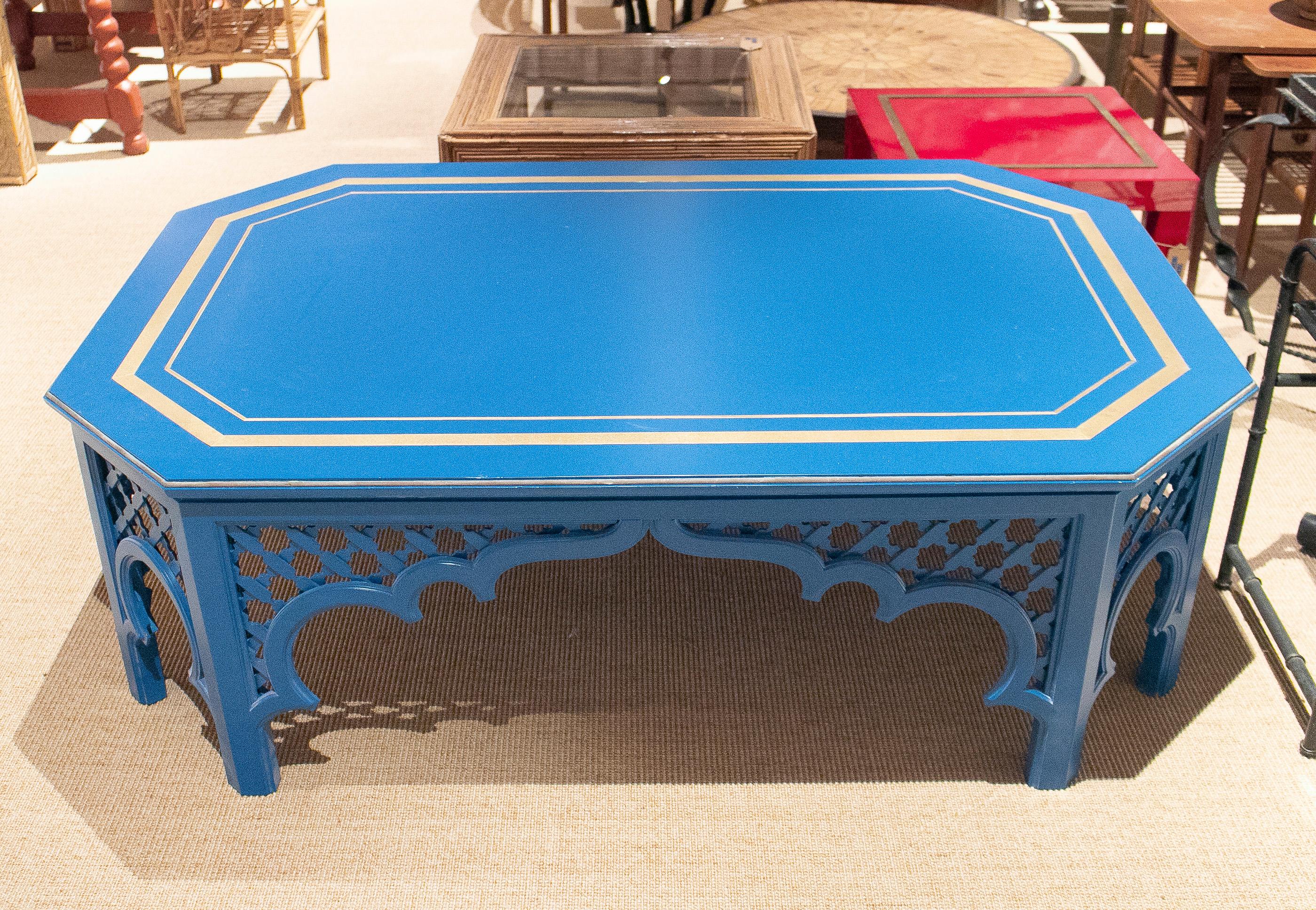 Vintage 1970s Spanish al-Andalus inspired wood and brass blue coffee table.