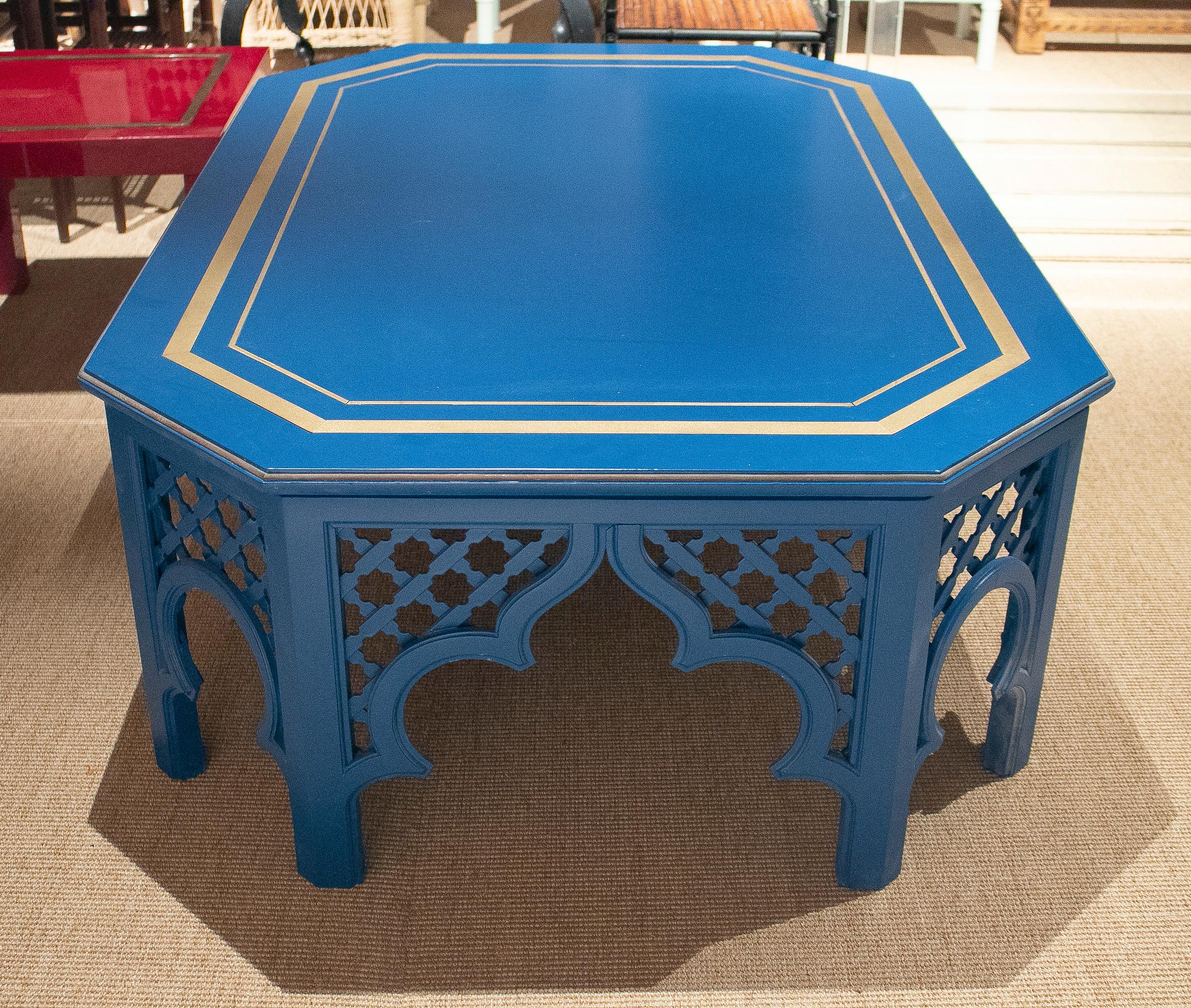 Late 20th Century 1970s Spanish Al-Andalus Inspired Wood and Brass Blue Coffee Table For Sale