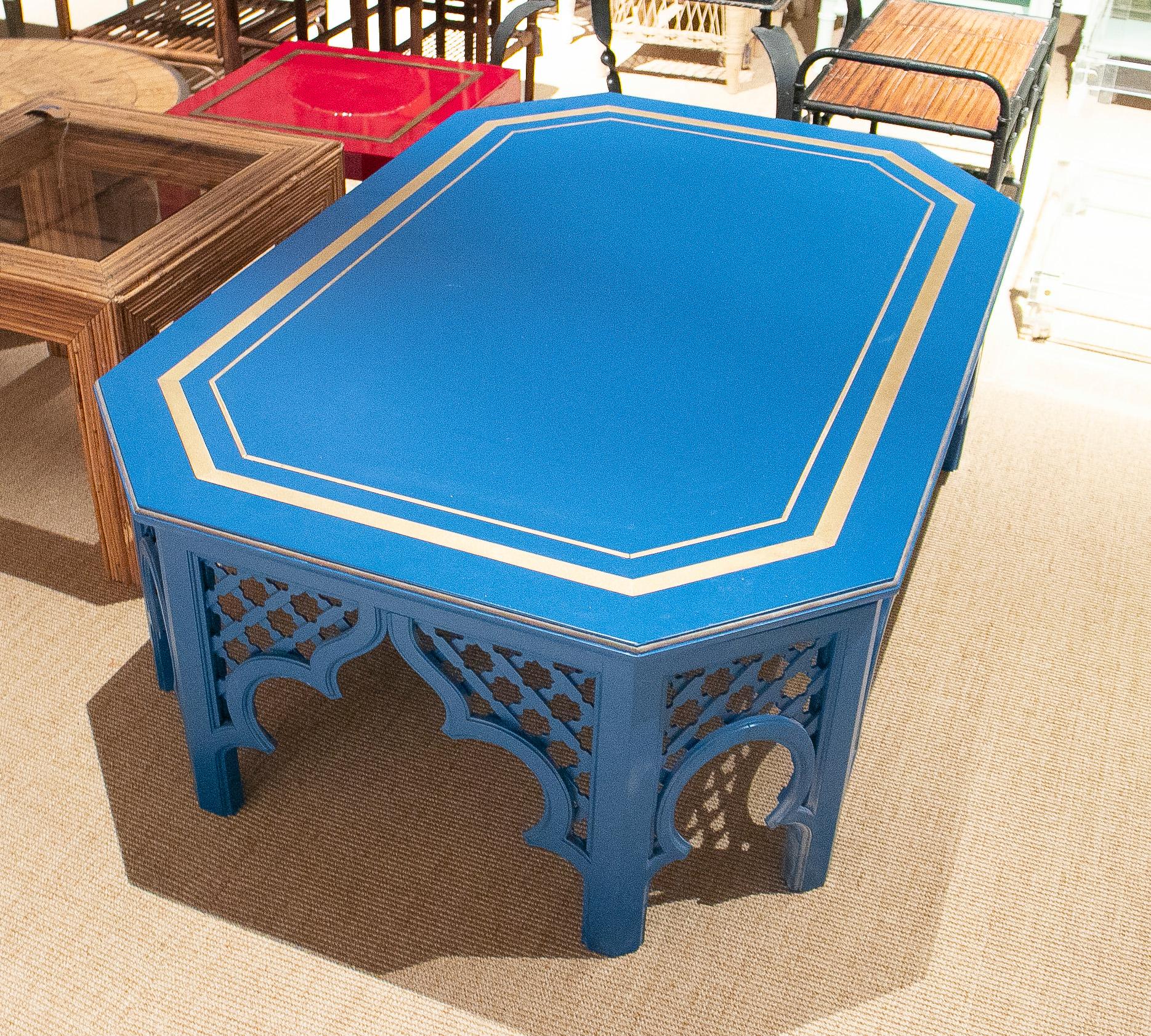 1970s Spanish Al-Andalus Inspired Wood and Brass Blue Coffee Table For Sale 1
