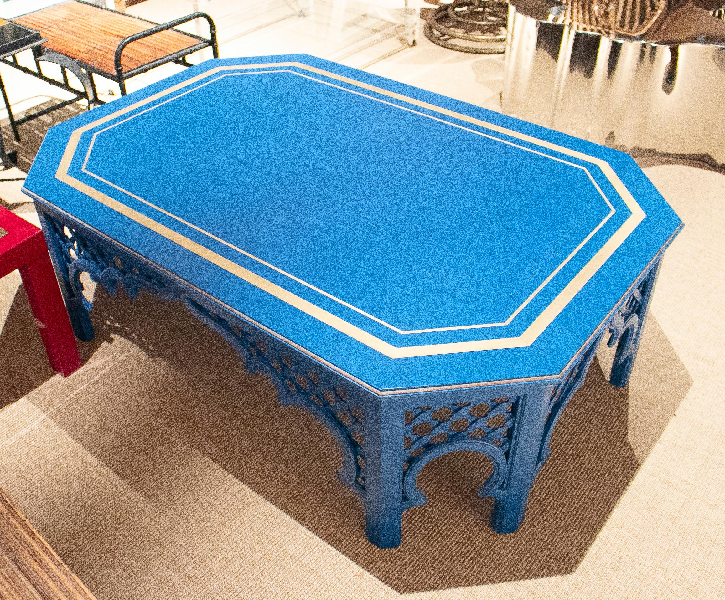 1970s Spanish Al-Andalus Inspired Wood and Brass Blue Coffee Table For Sale 2