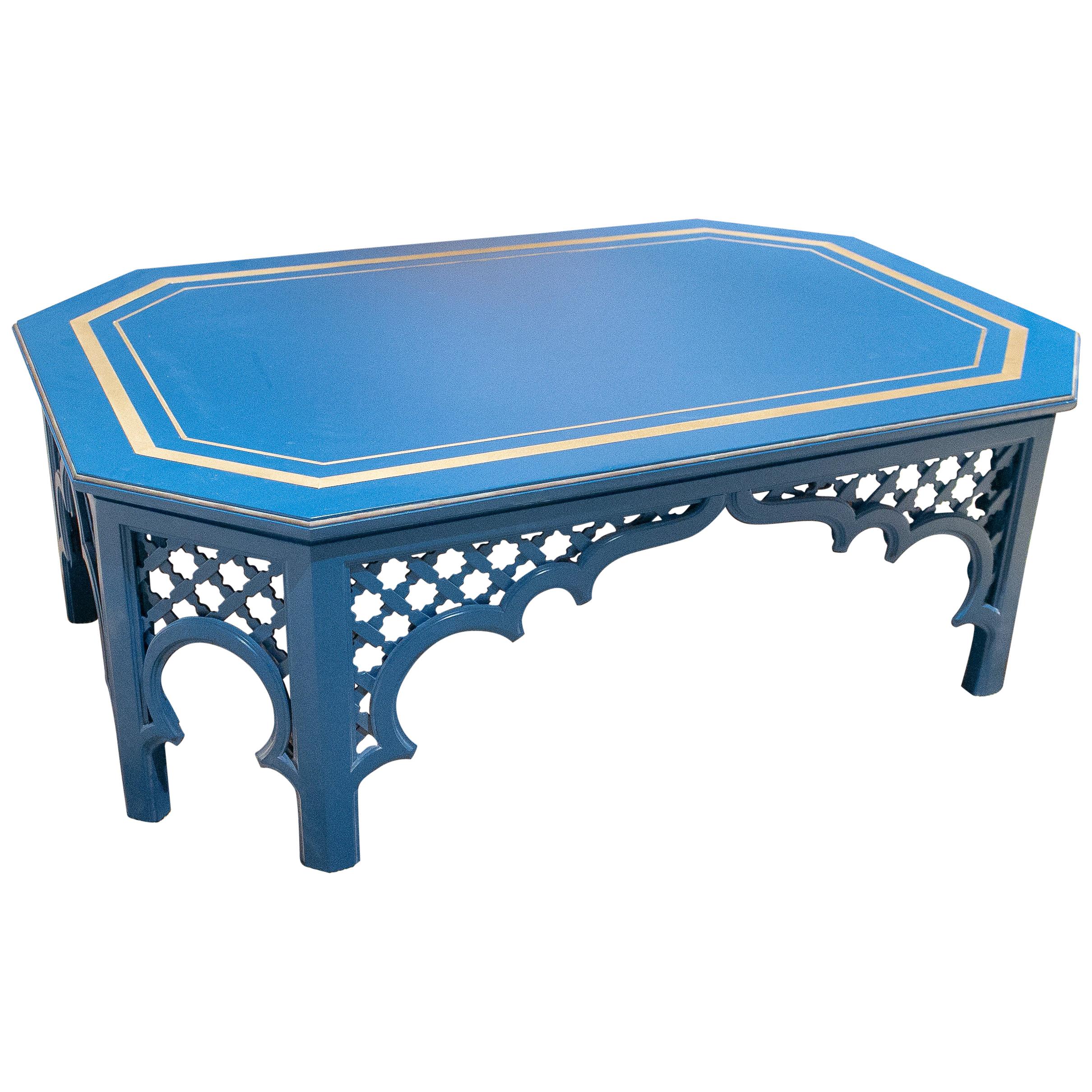 1970s Spanish Al-Andalus Inspired Wood and Brass Blue Coffee Table