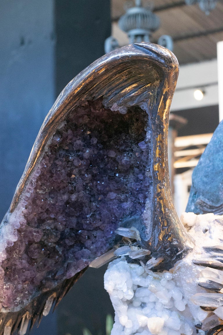 1970s Spanish Amethyst and Silver Eagle on Rock Crystal Figure