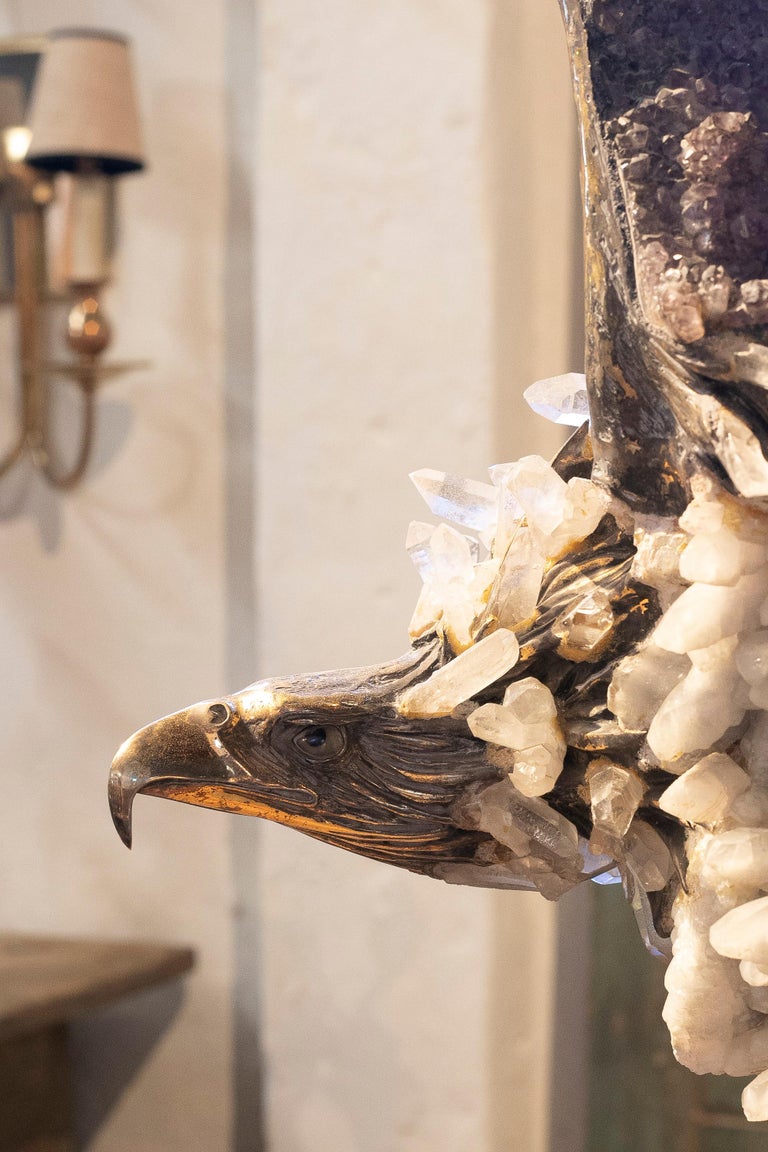 1970s Spanish Amethyst and Silver Eagle on Rock Crystal Figure