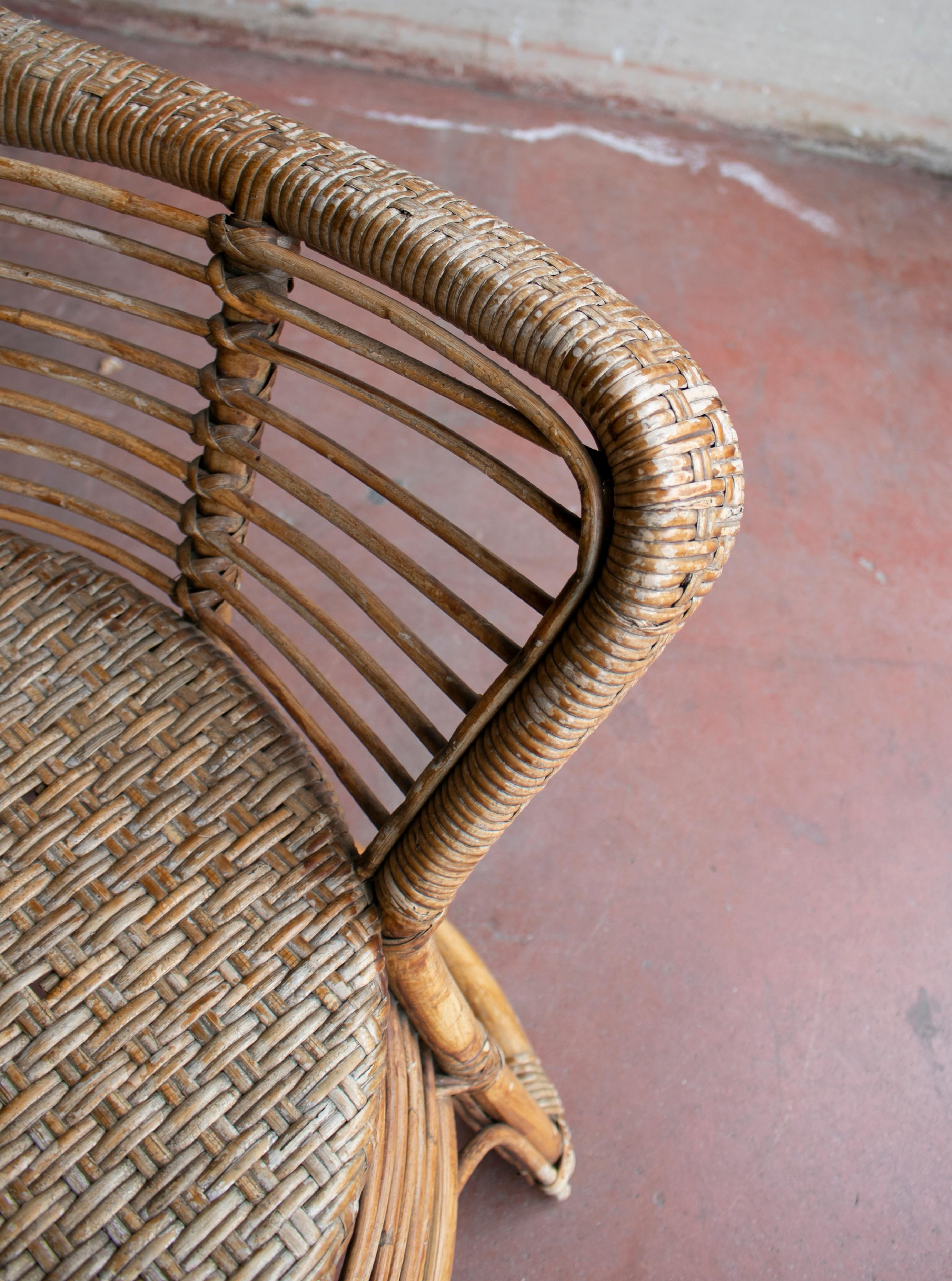 1970s Spanish Armchair of Bamboo Wicker Tall Back Rest For Sale 11