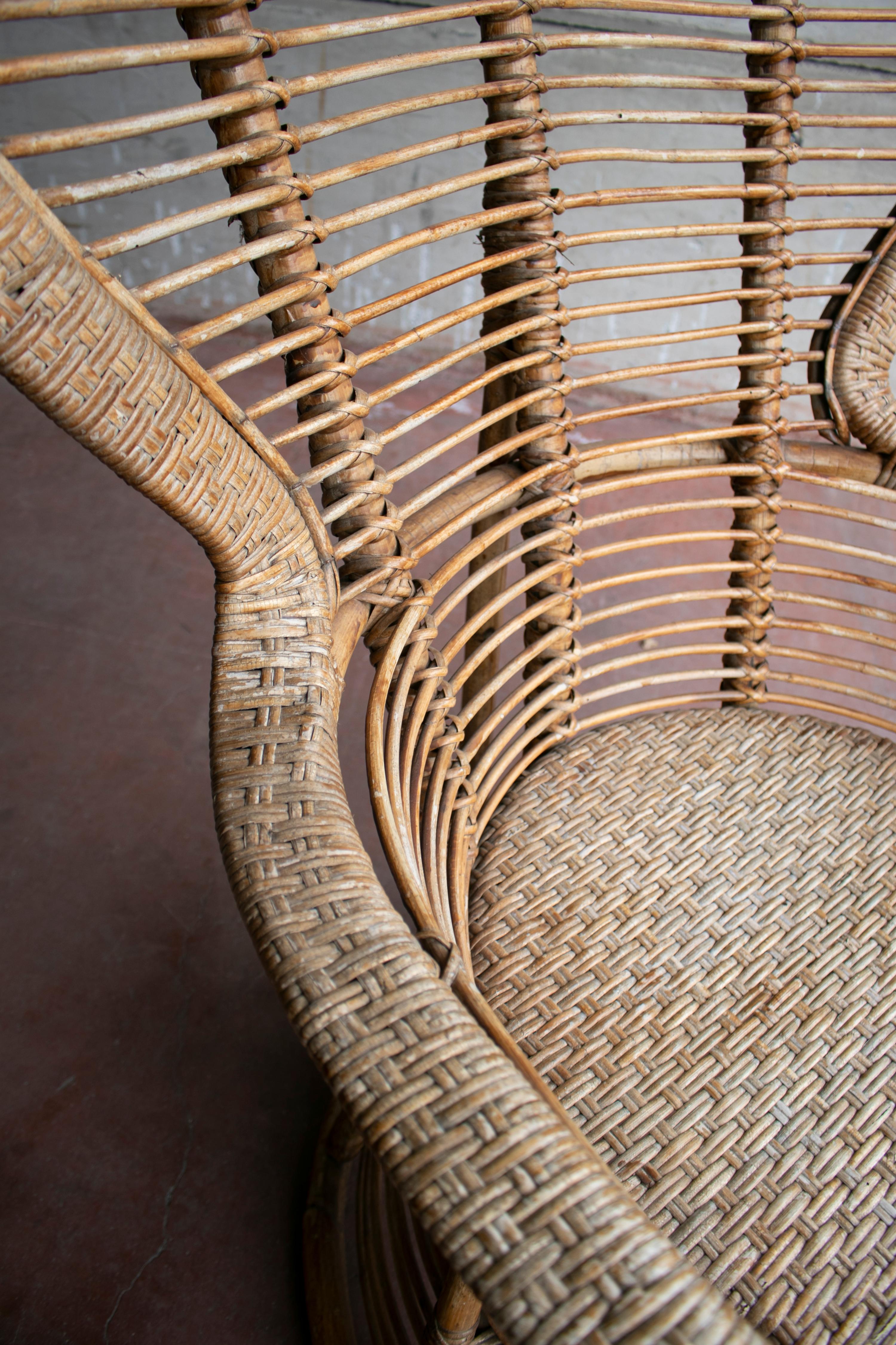 1970s Spanish Armchair of Bamboo Wicker Tall Back Rest For Sale 12