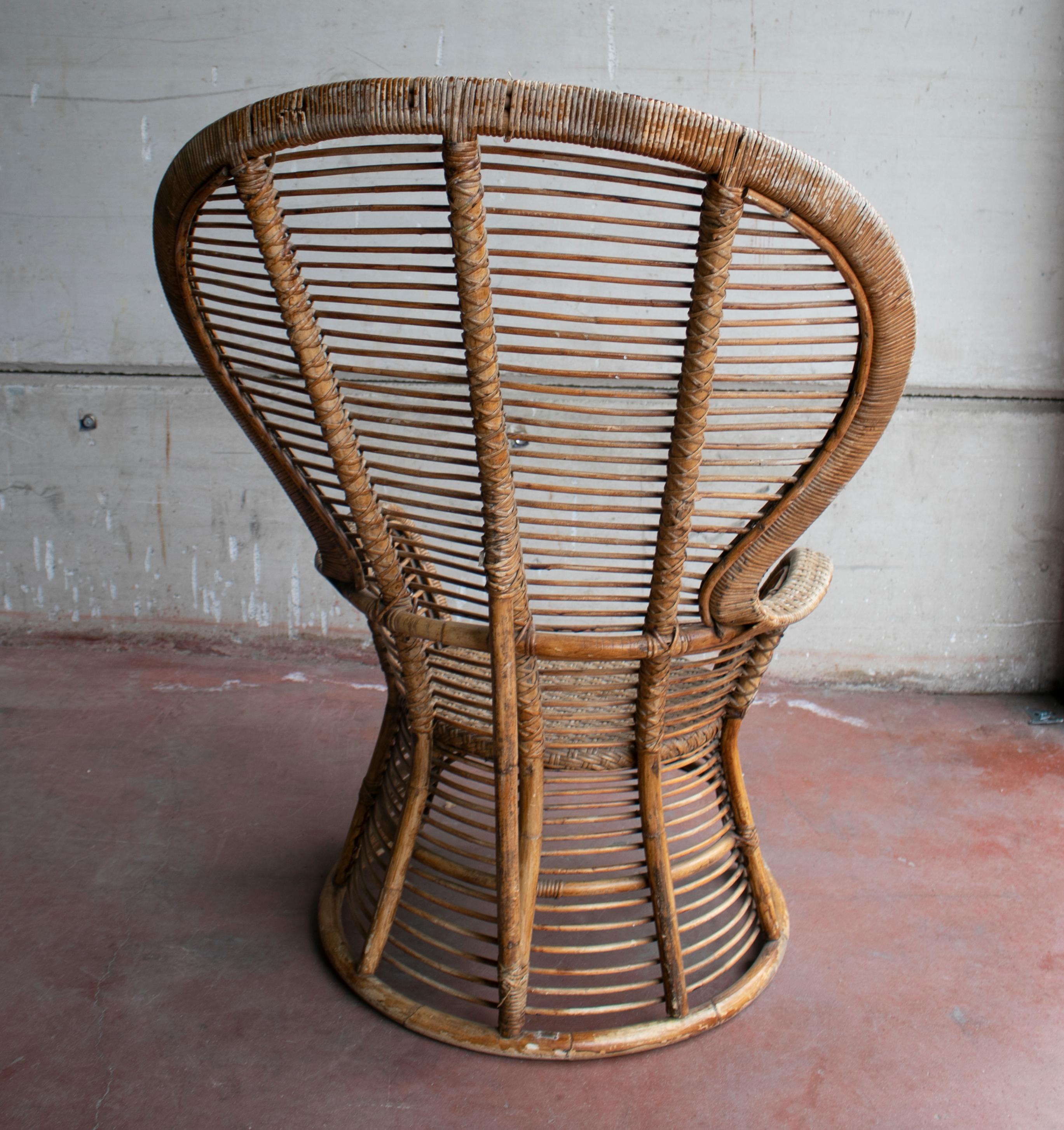 20th Century 1970s Spanish Armchair of Bamboo Wicker Tall Back Rest For Sale