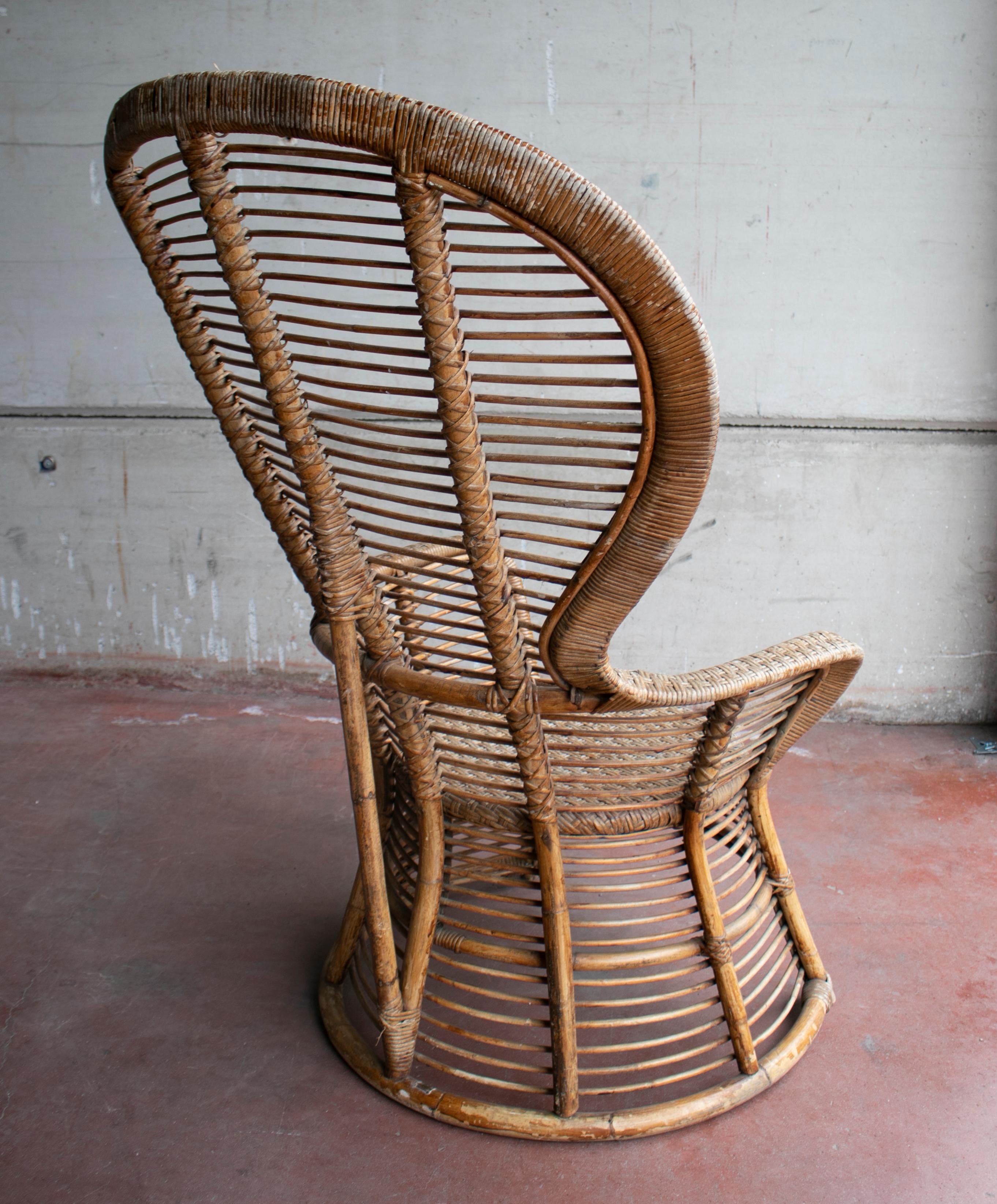 1970s Spanish Armchair of Bamboo Wicker Tall Back Rest For Sale 1