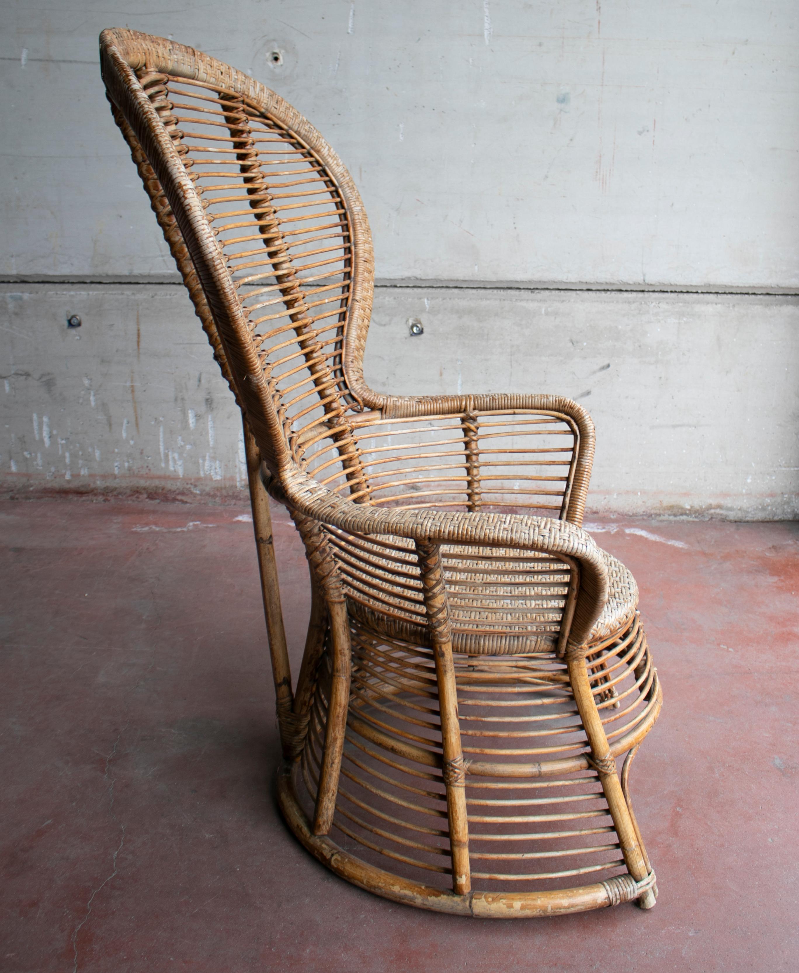 1970s Spanish Armchair of Bamboo Wicker Tall Back Rest For Sale 2