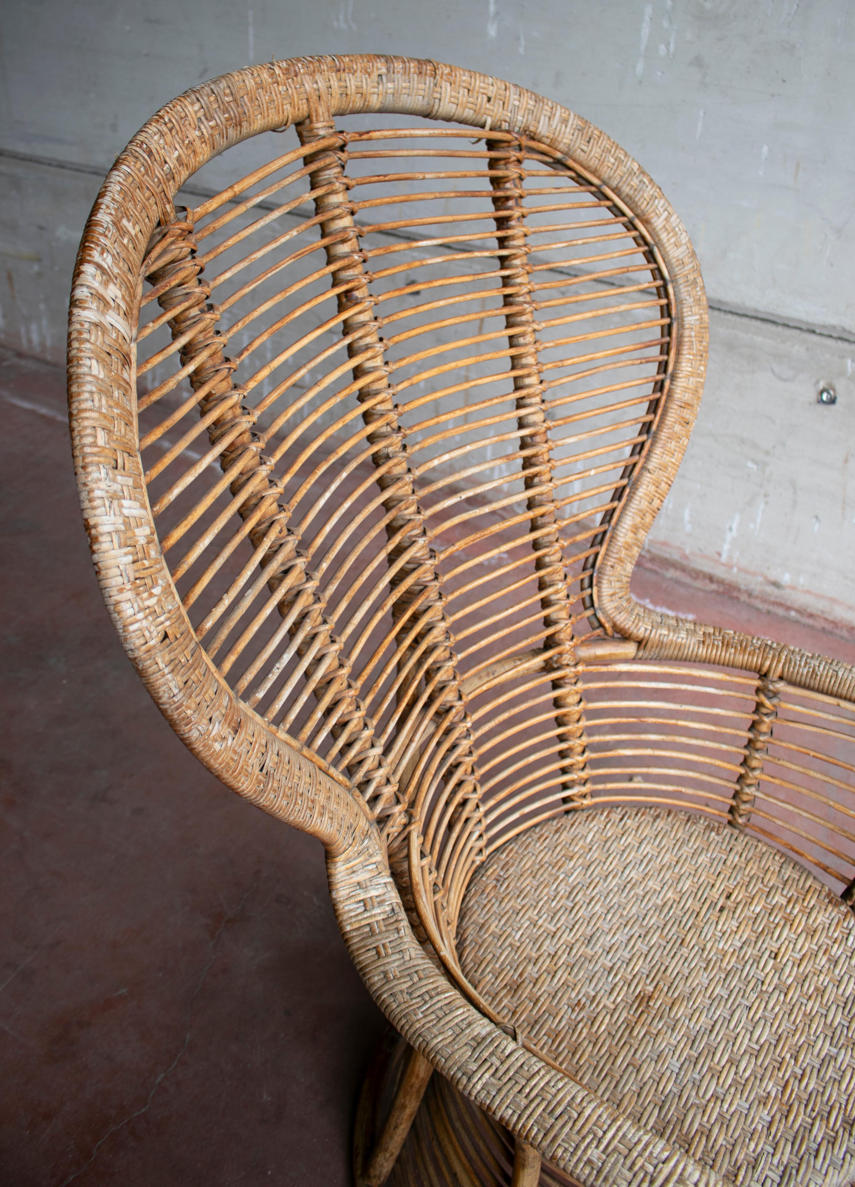 1970s Spanish Armchair of Bamboo Wicker Tall Back Rest For Sale 3