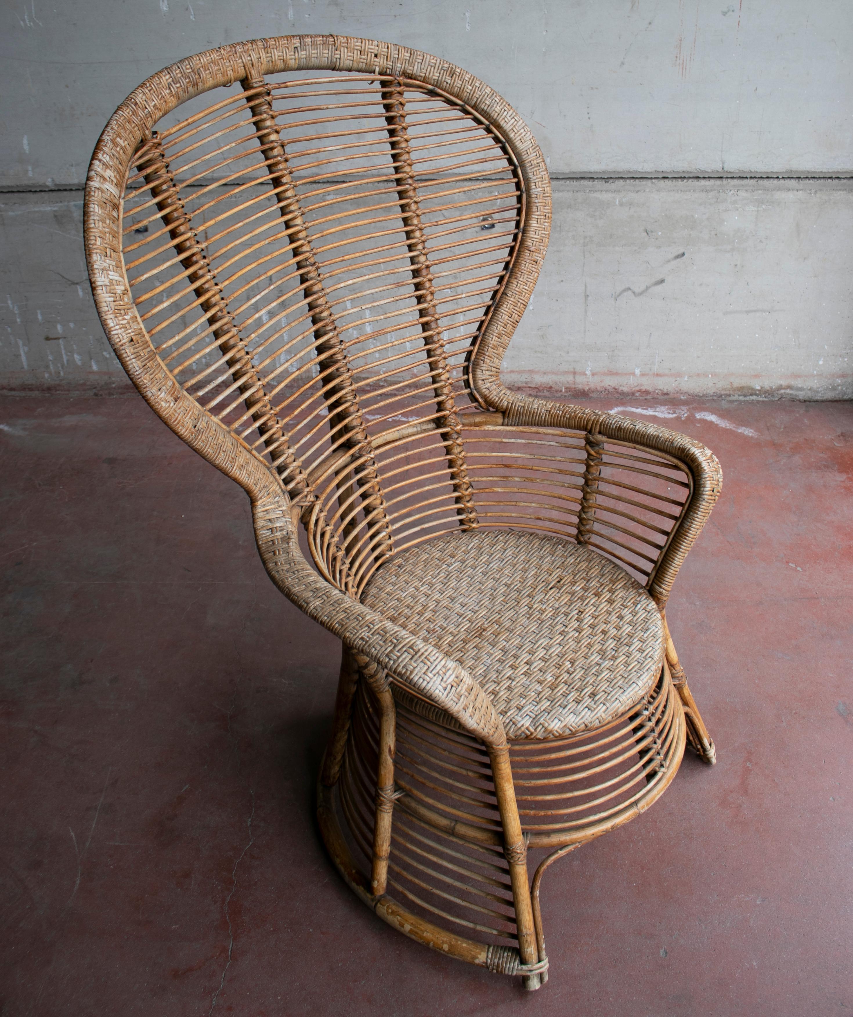 1970s Spanish Armchair of Bamboo Wicker Tall Back Rest For Sale 4