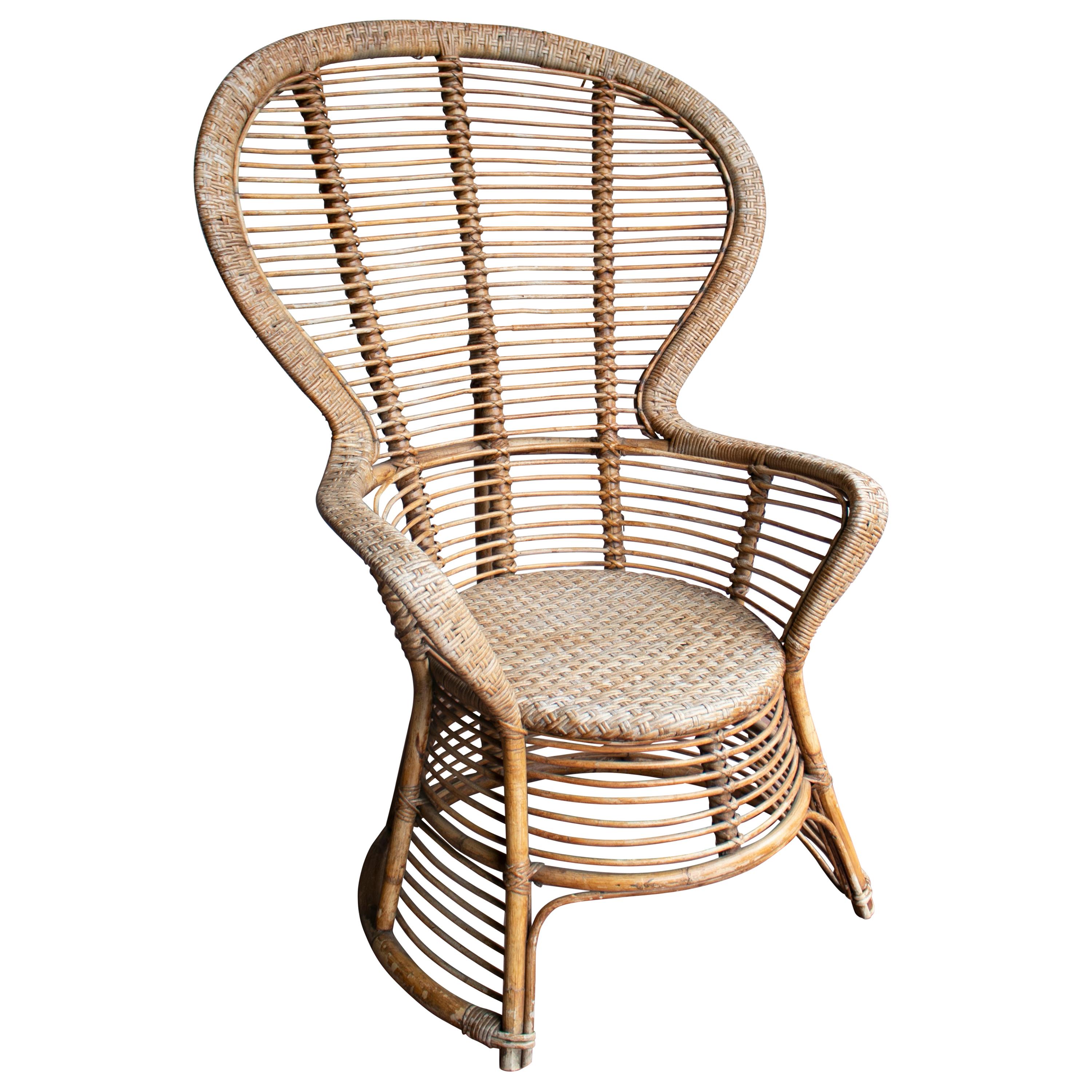 1970s Spanish Armchair of Bamboo Wicker Tall Back Rest