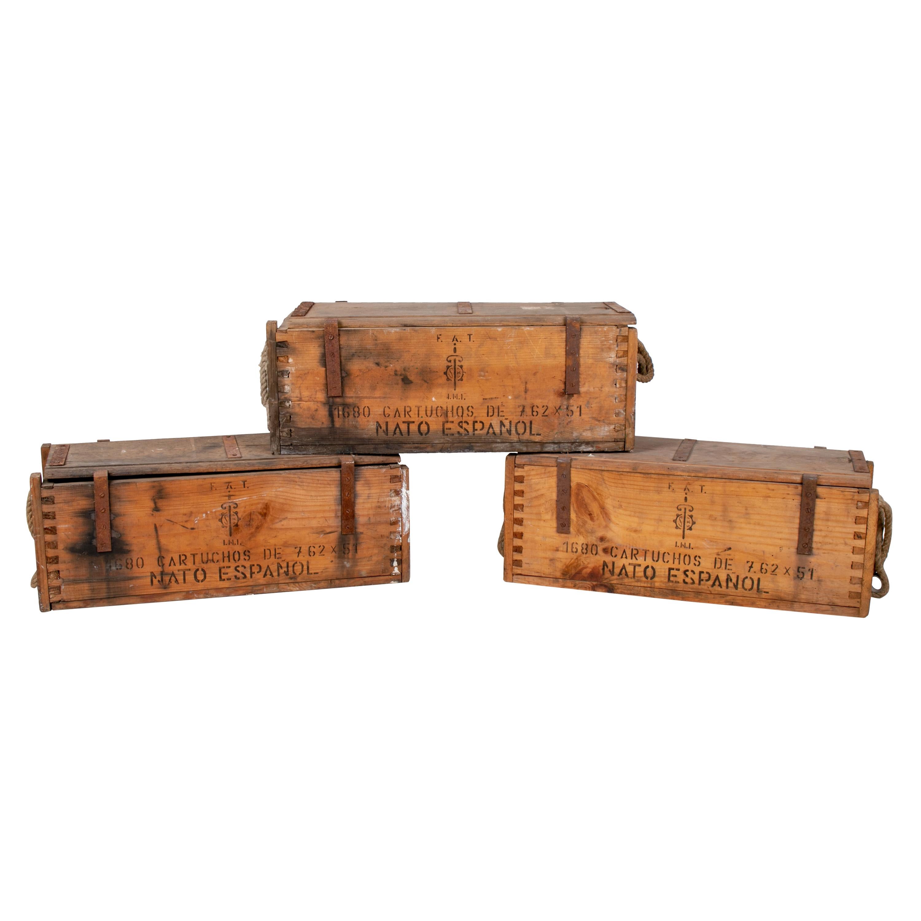 1970s Spanish Army Wooden Ammunition Boxes with Iron Fittings