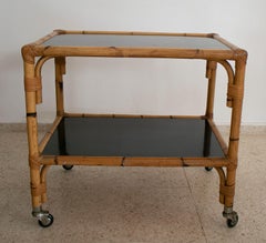 1970s Spanish Bamboo 2-Shelves Trolley w/ Smoked Glass Panels