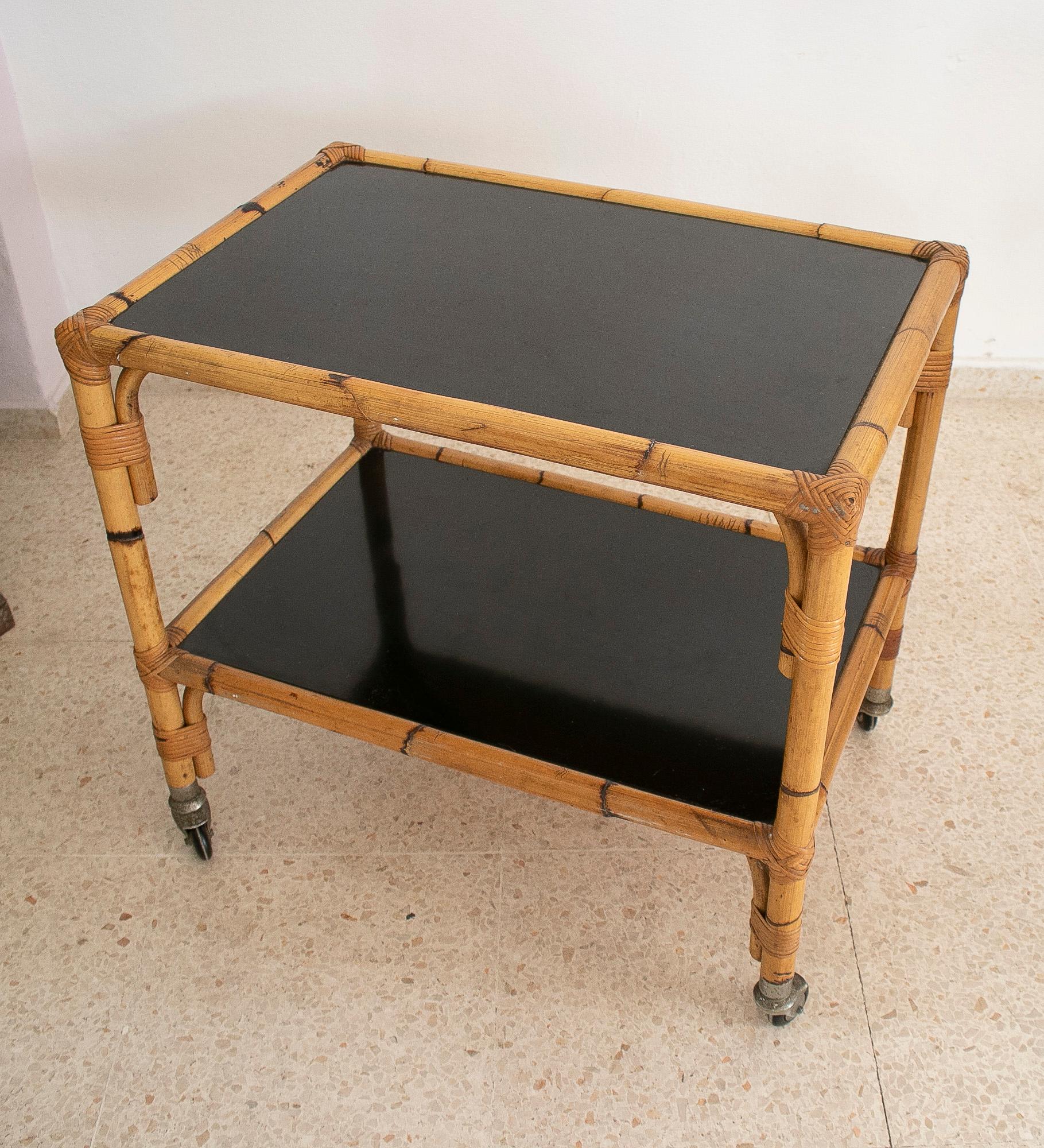 1970s Spanish Bamboo 2-Shelves Trolley w/ Smoked Glass Panels For Sale 1
