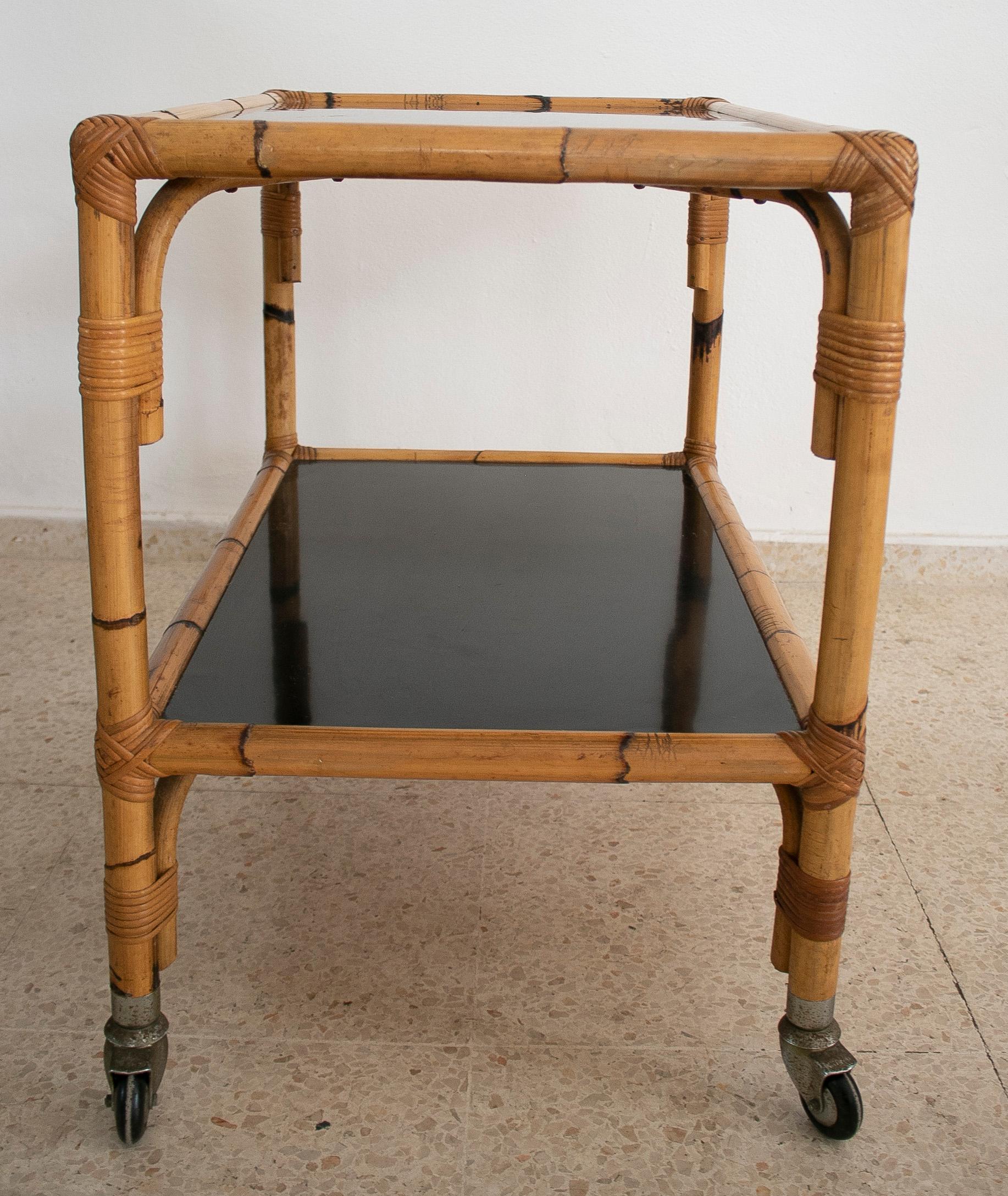 1970s Spanish Bamboo 2-Shelves Trolley w/ Smoked Glass Panels For Sale 3