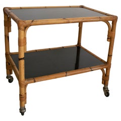 1970s Spanish Bamboo 2-Shelves Trolley w/ Smoked Glass Panels