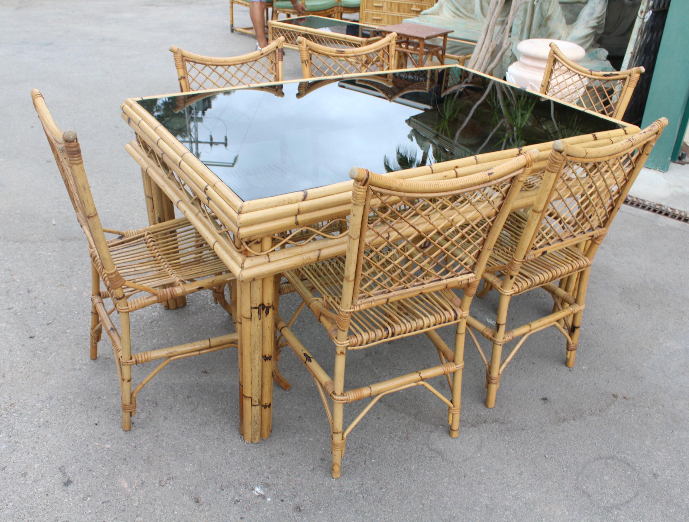 1970s Spanish Bamboo and Rattan 6-Seat Dining Set For Sale 3