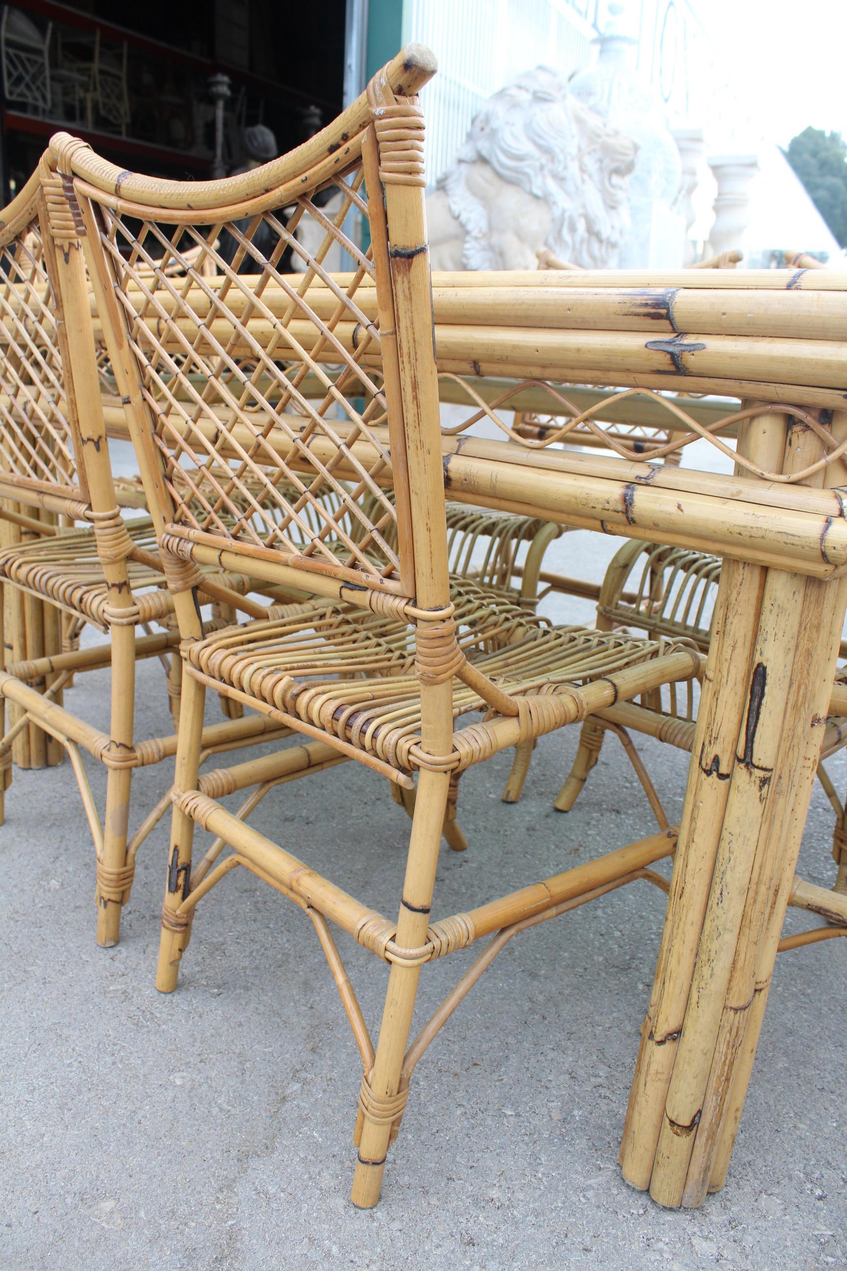 1970s Spanish Bamboo and Rattan 6-Seat Dining Set For Sale 4