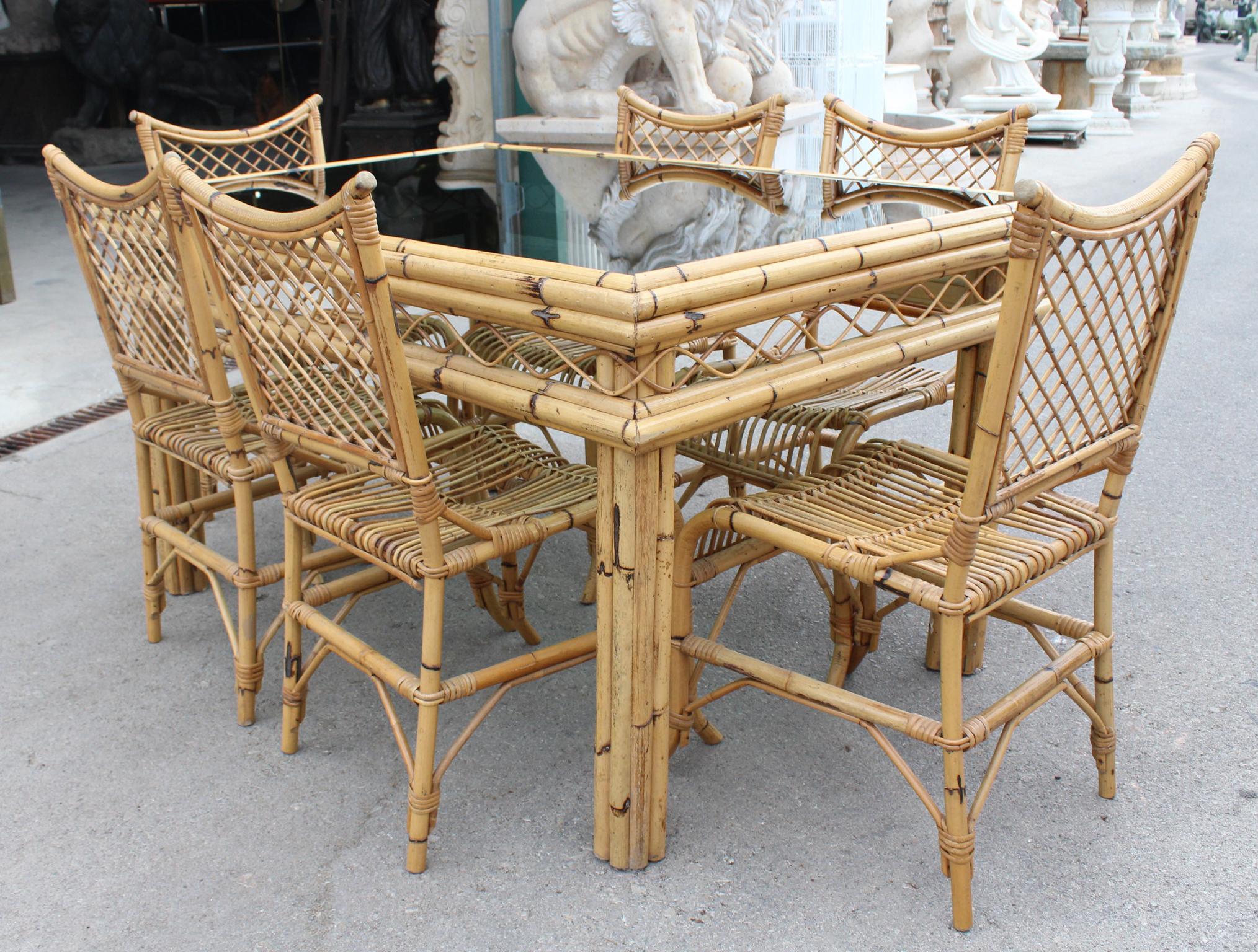 1970s Spanish Bamboo and Rattan 6-Seat Dining Set In Good Condition For Sale In Marbella, ES