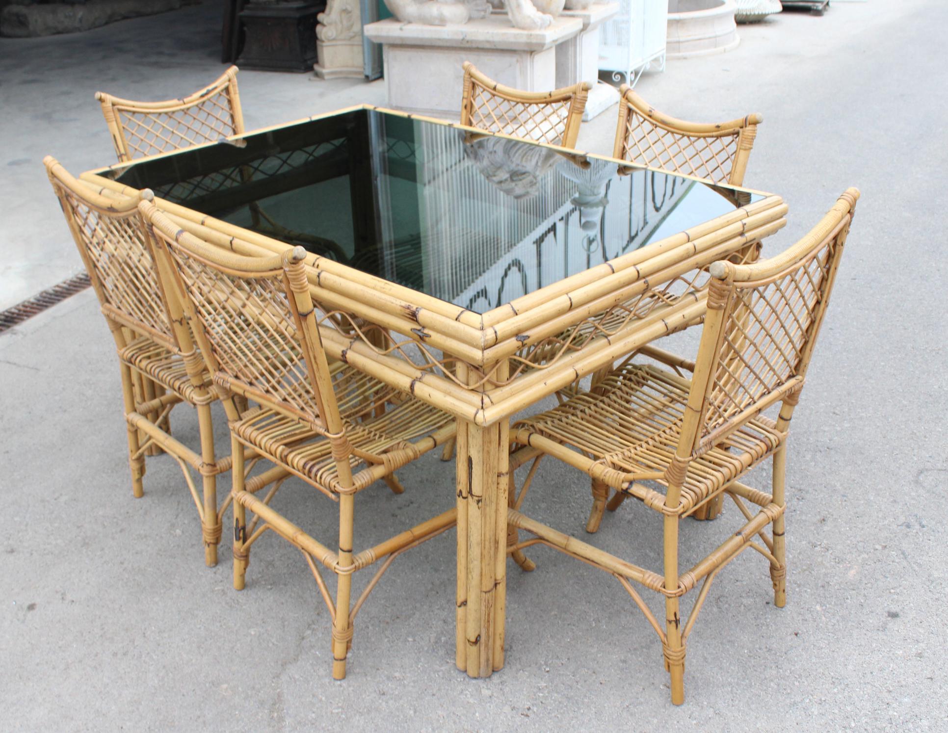 Late 20th Century 1970s Spanish Bamboo and Rattan 6-Seat Dining Set For Sale
