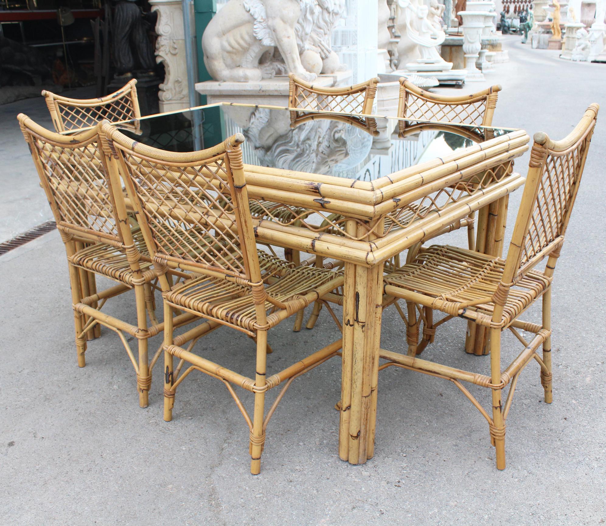 1970s Spanish Bamboo and Rattan 6-Seat Dining Set For Sale 1