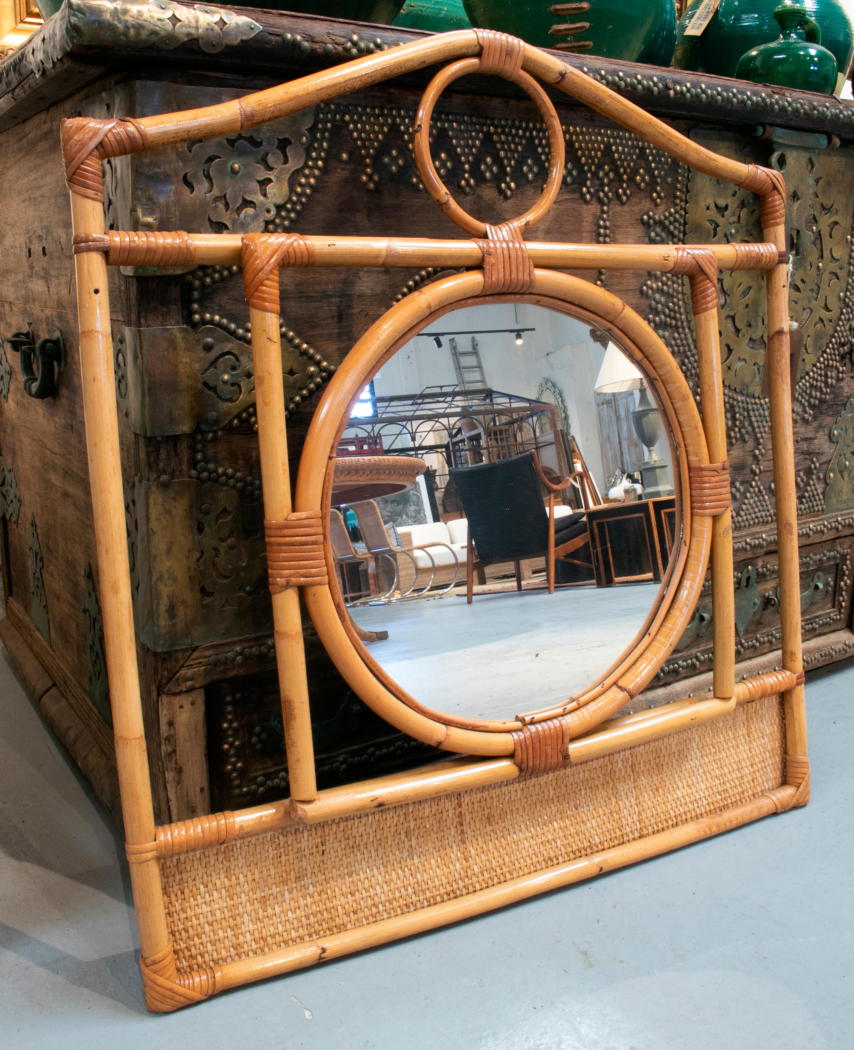 European 1970s Spanish Bamboo and Rattan Mirror For Sale