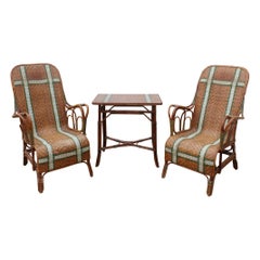 1970s Spanish Bamboo and Rattan Set of Table and Two Armchairs