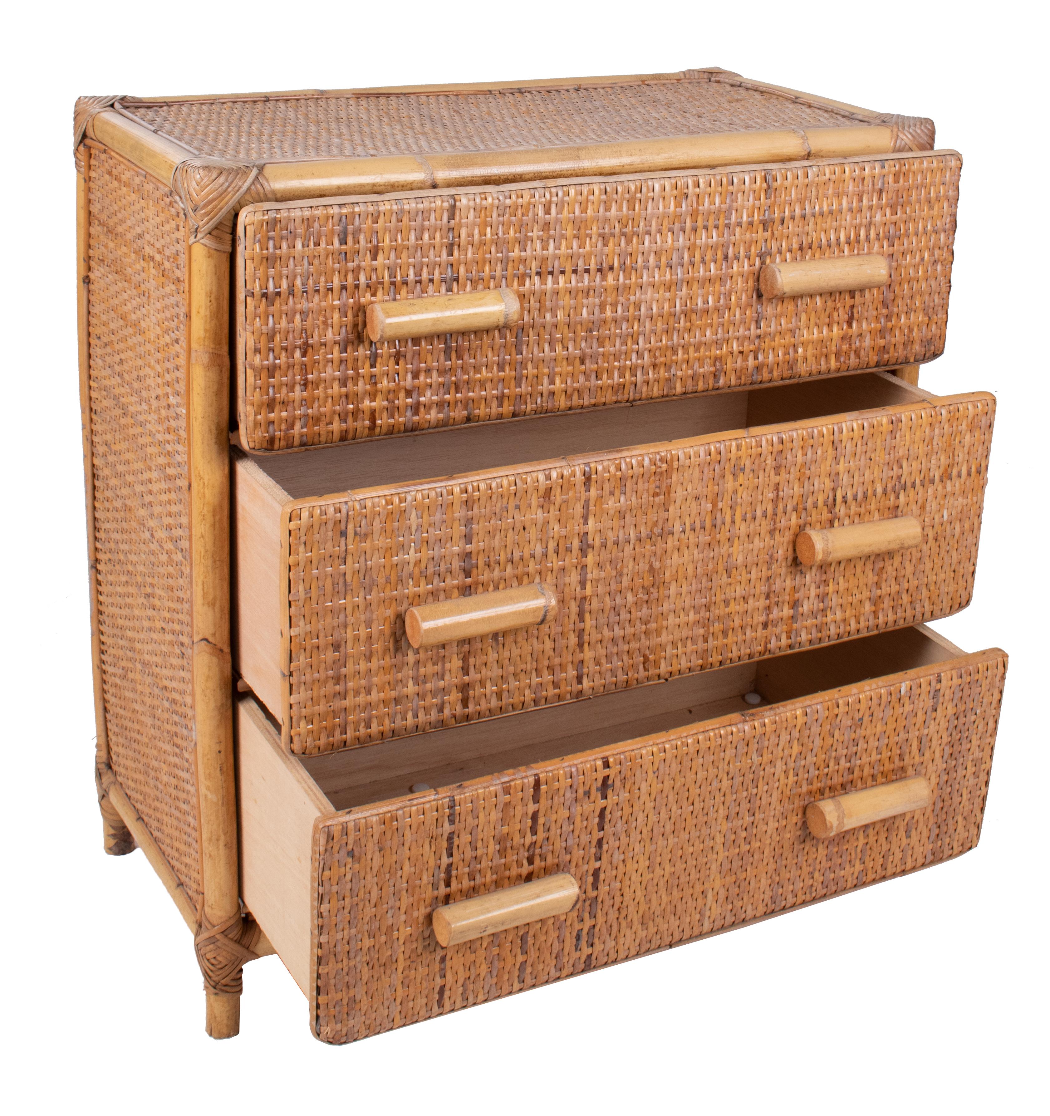 1970s Spanish bamboo and rattan three-drawer chest.