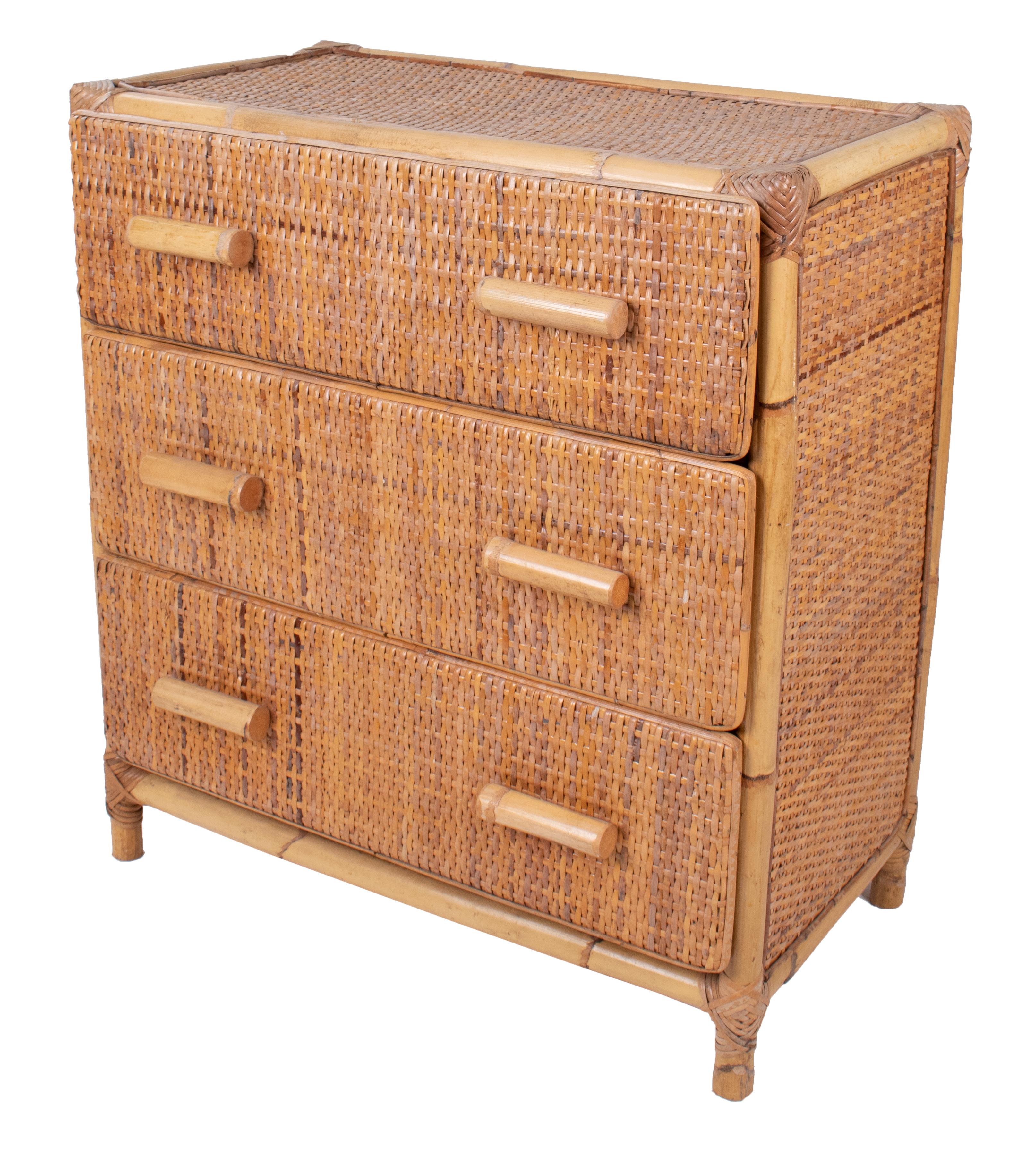 1970s Spanish Bamboo and Rattan Three-Drawer Chest In Good Condition In Marbella, ES