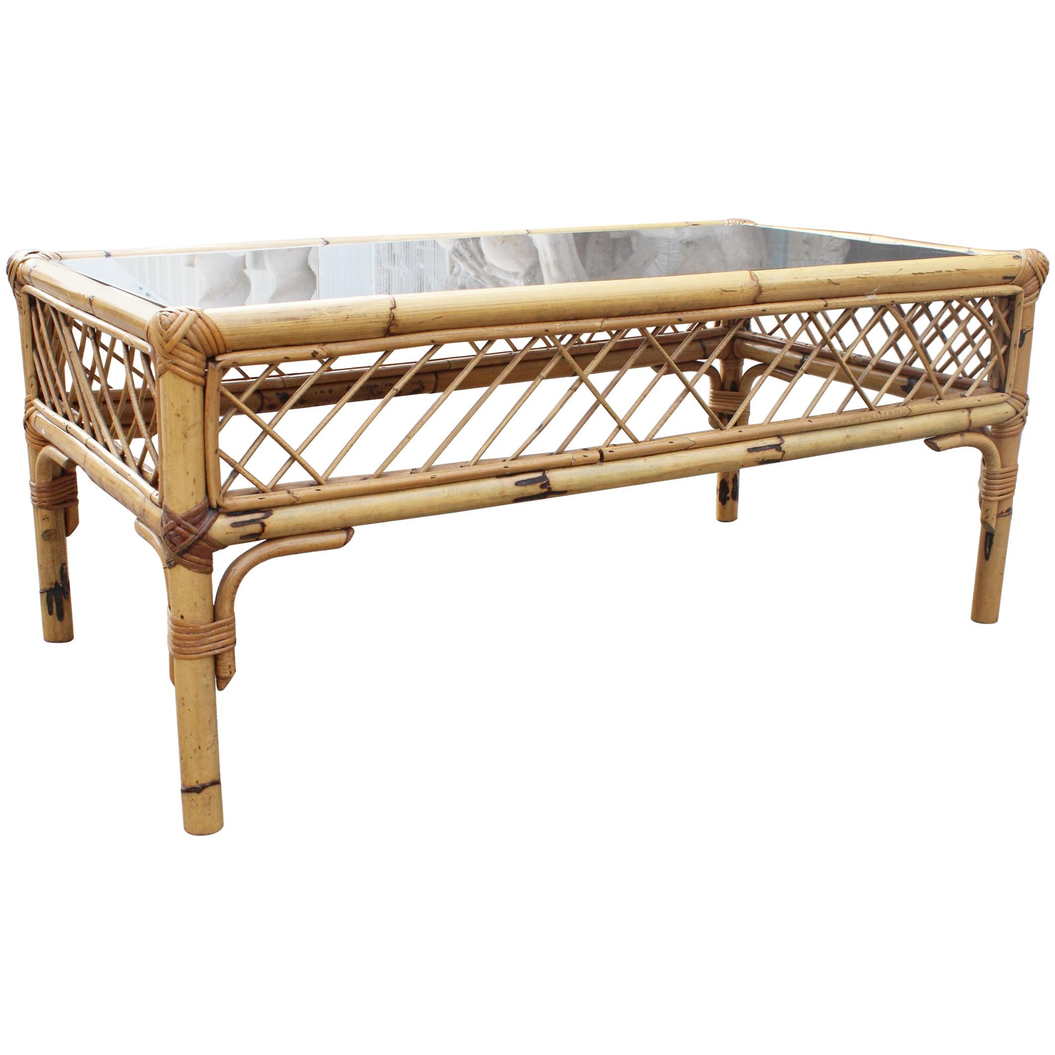 1970s Spanish Bamboo and Smoked Mirror Top Coffee Table