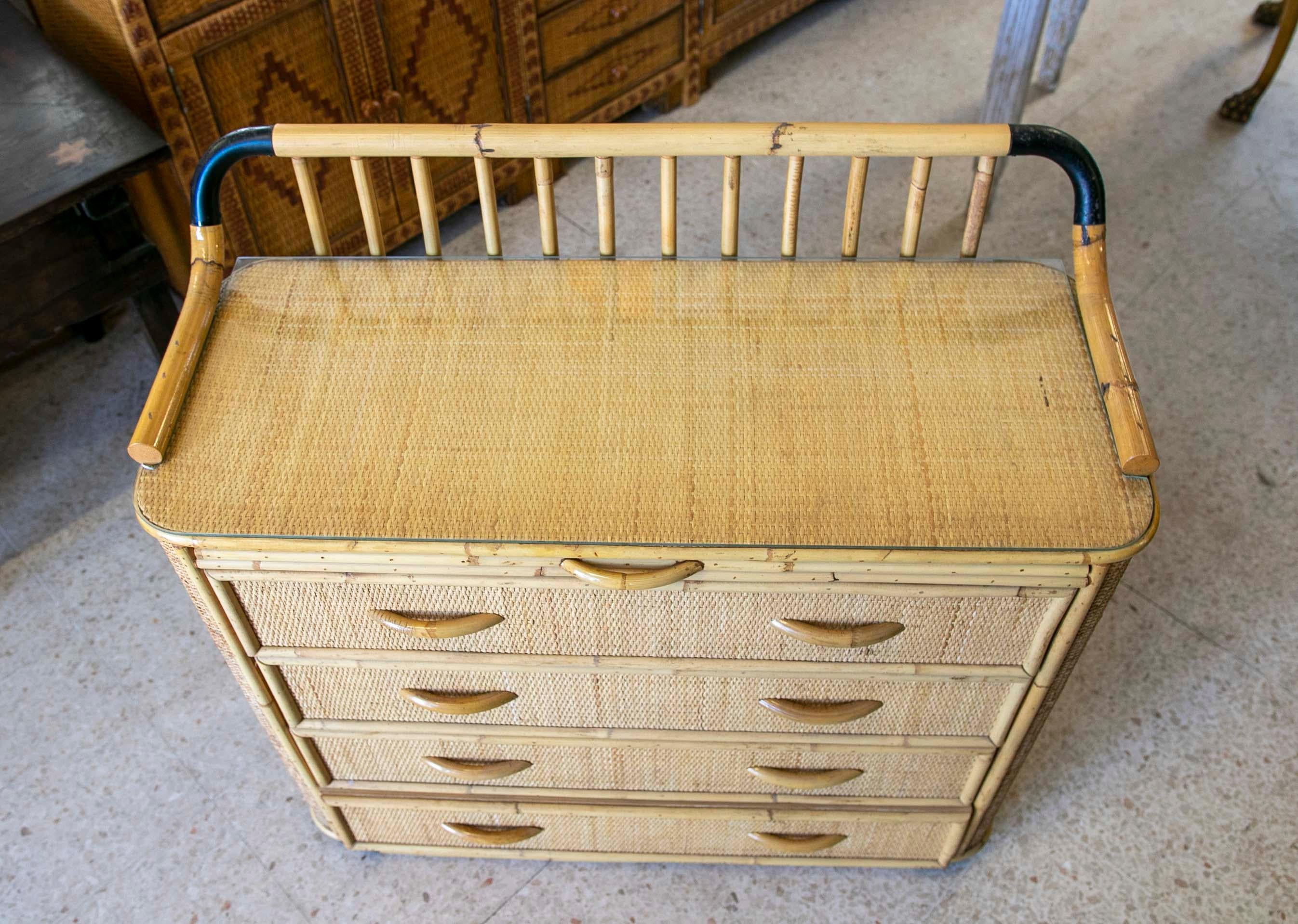 1970s Spanish Bamboo and Wicker Chest with Four Drawers  15