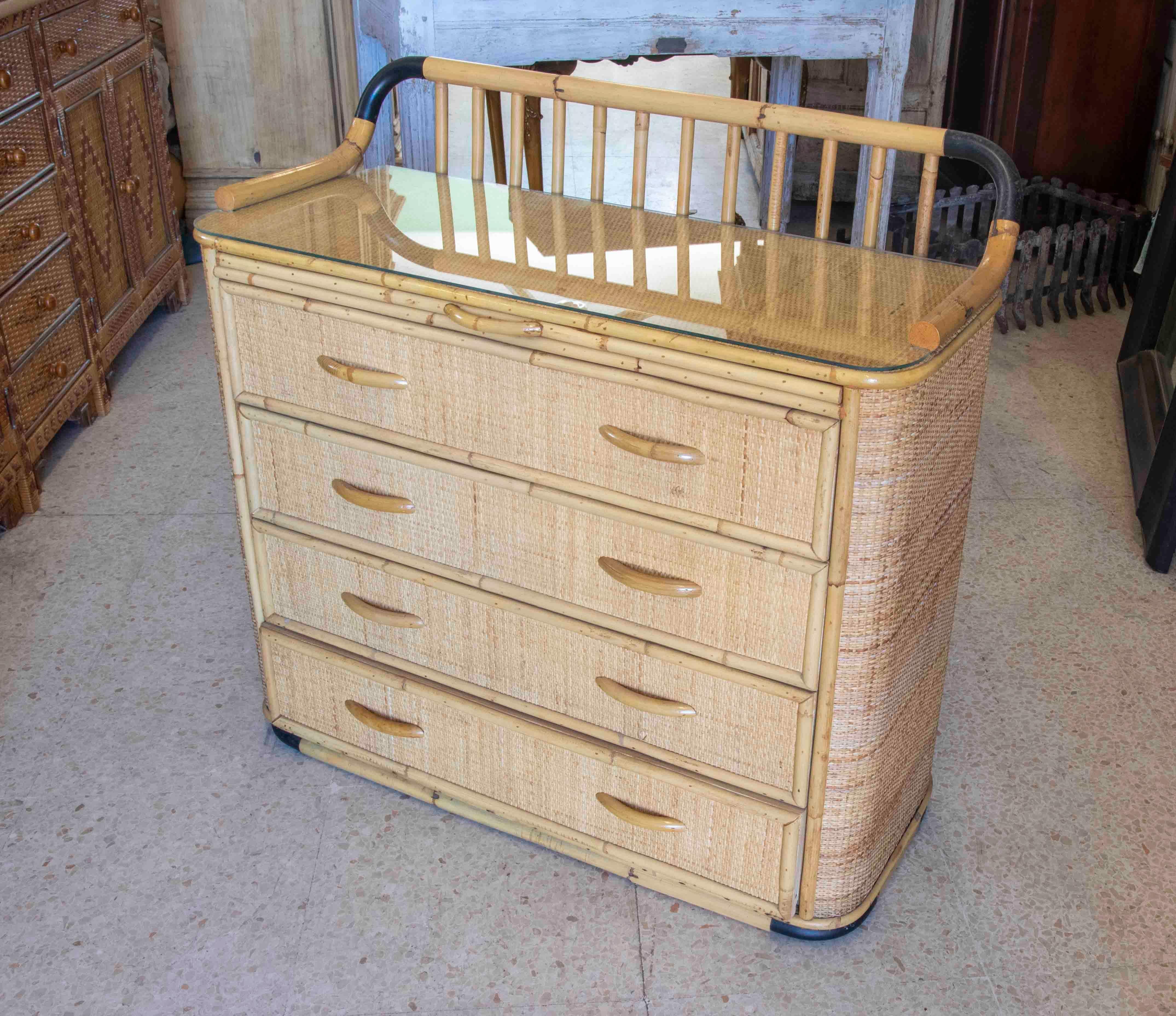 20th Century 1970s Spanish Bamboo and Wicker Chest with Four Drawers 