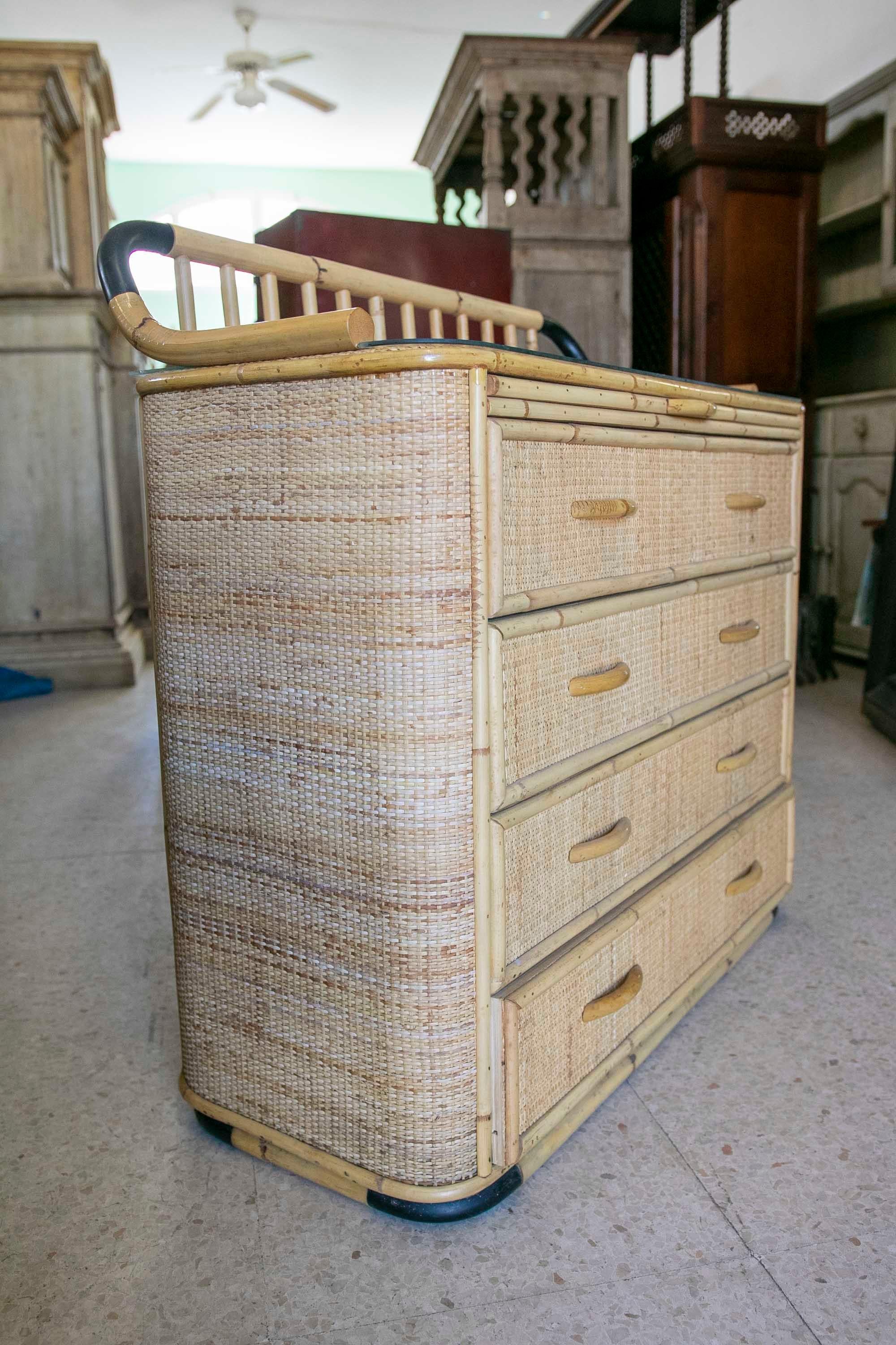 1970s Spanish Bamboo and Wicker Chest with Four Drawers  6
