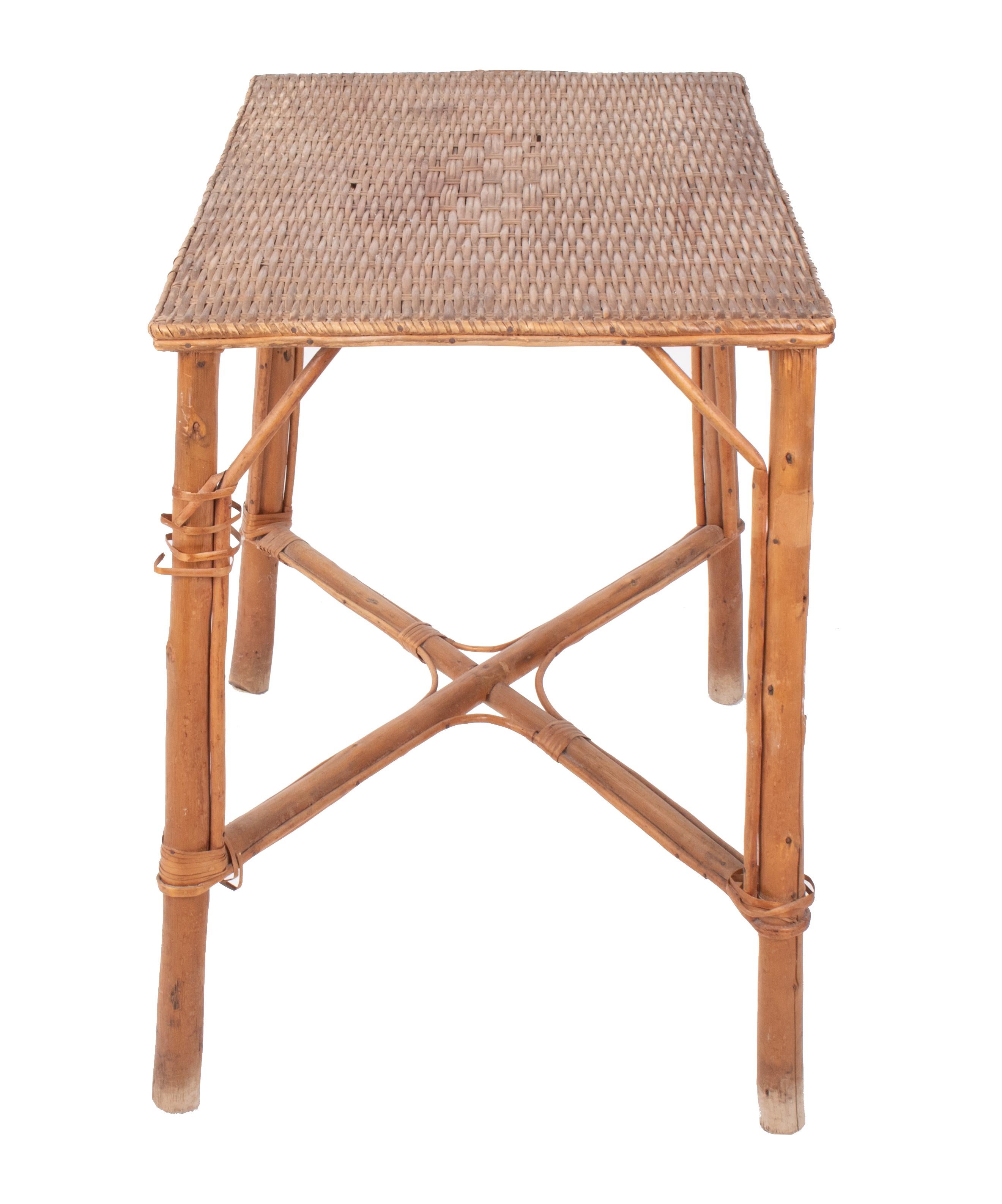Late 20th Century 1970s Spanish Bamboo and Wicker Side Table For Sale