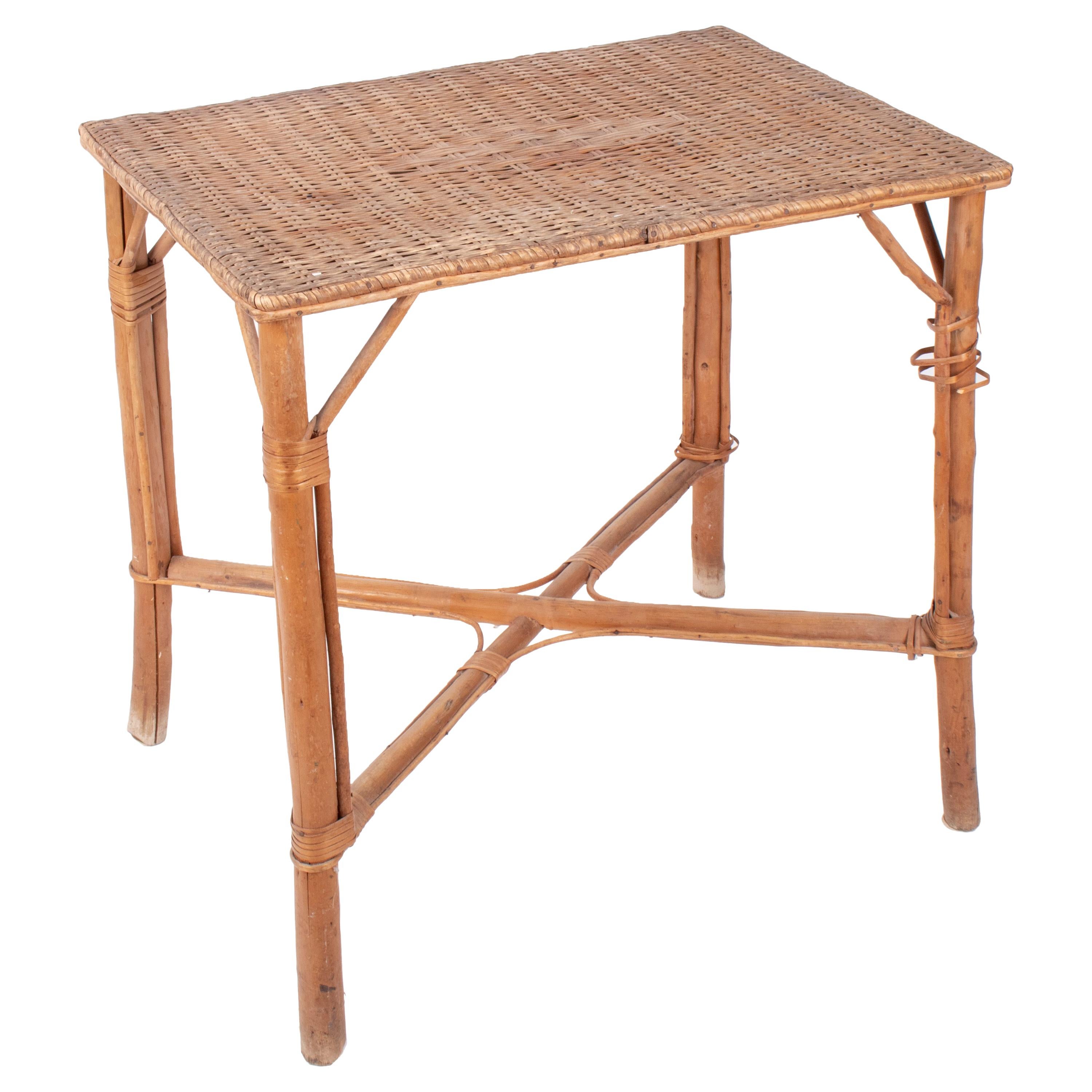 1970s Spanish Bamboo and Wicker Side Table For Sale