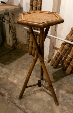 1970s Spanish Bamboo and Wicker Sidetable with Hexagonal Top