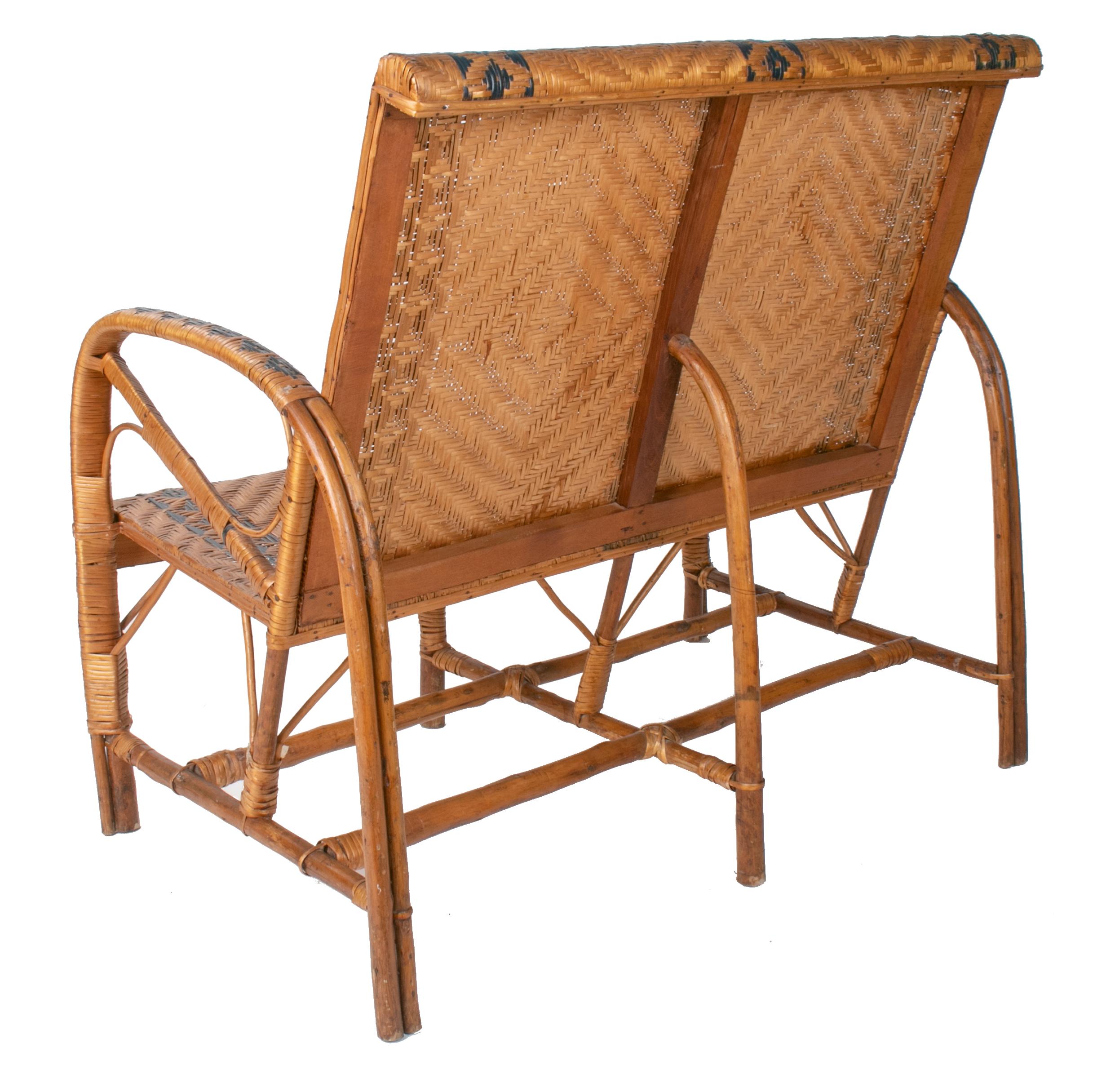 1970s Spanish Bamboo and Wicker Three Armchairs, Sofa and Table Set In Good Condition In Marbella, ES