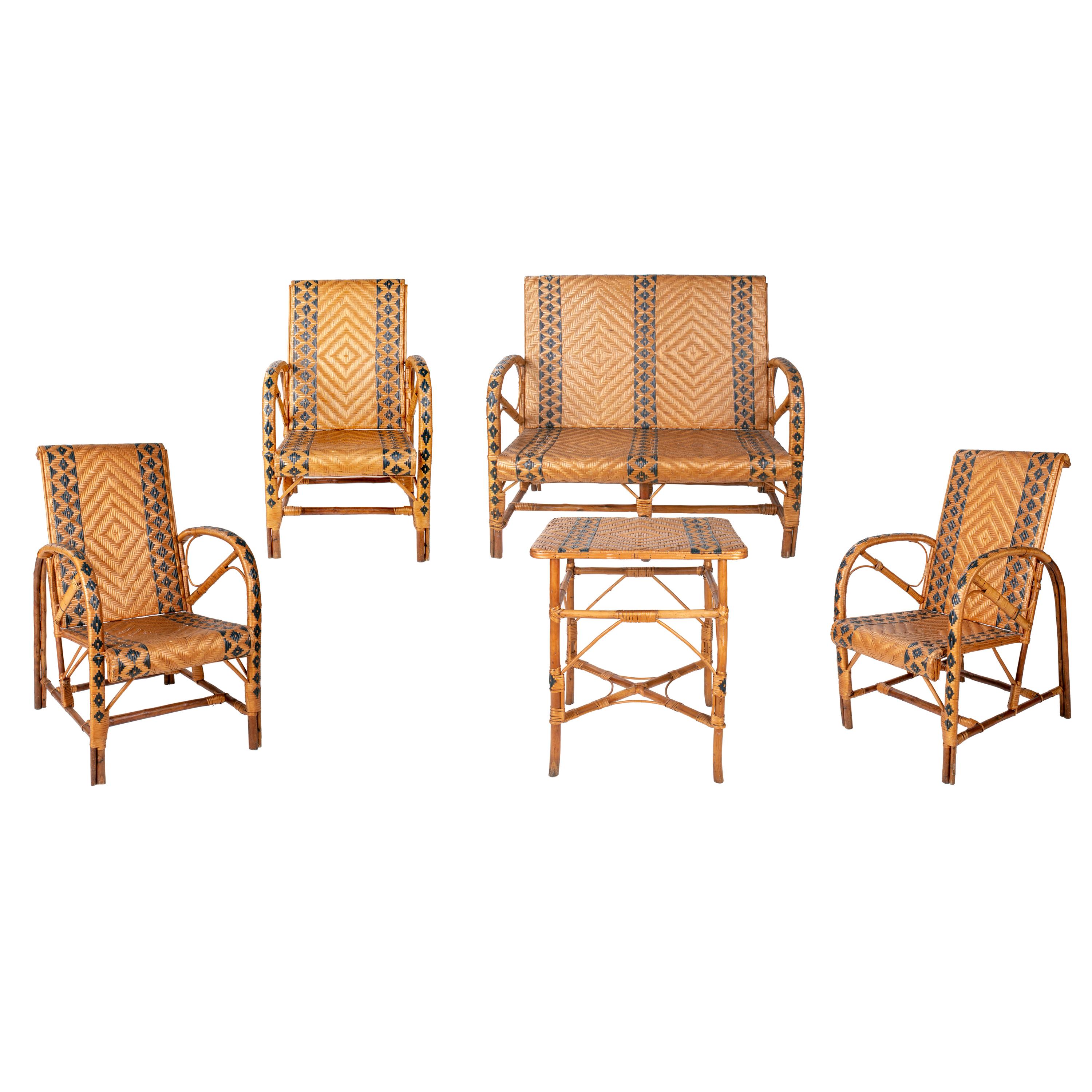 1970s Spanish Bamboo and Wicker Three Armchairs, Sofa and Table Set