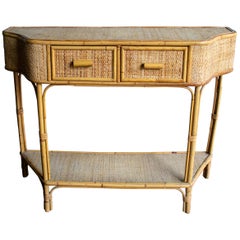 1970s Spanish Bamboo and Wicker Two Drawer Console Table