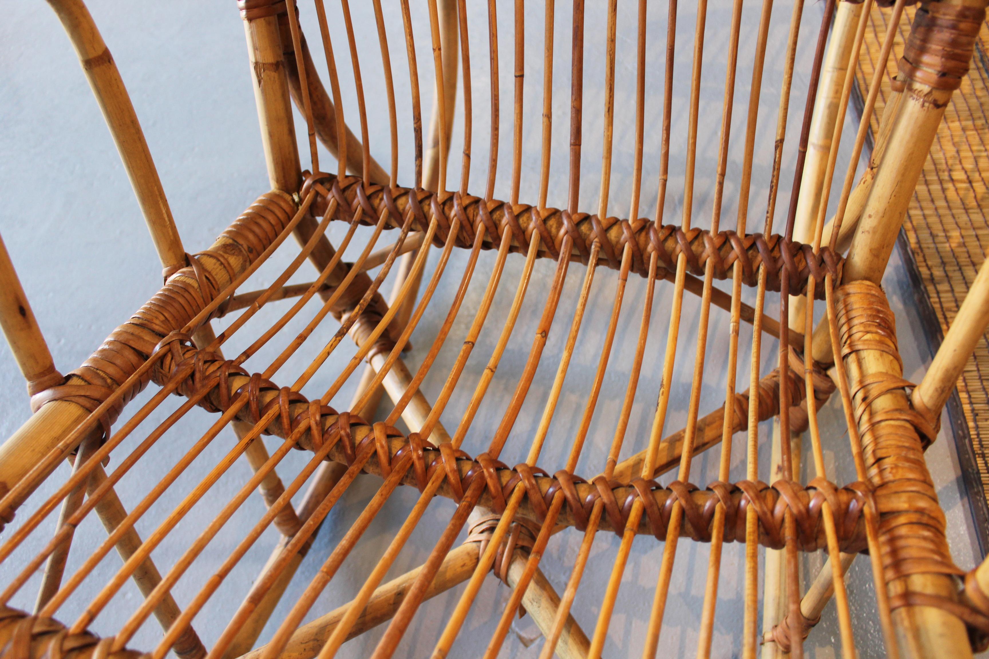 1970s Spanish Bamboo and Willow Wicker Rocking Chair For Sale 1
