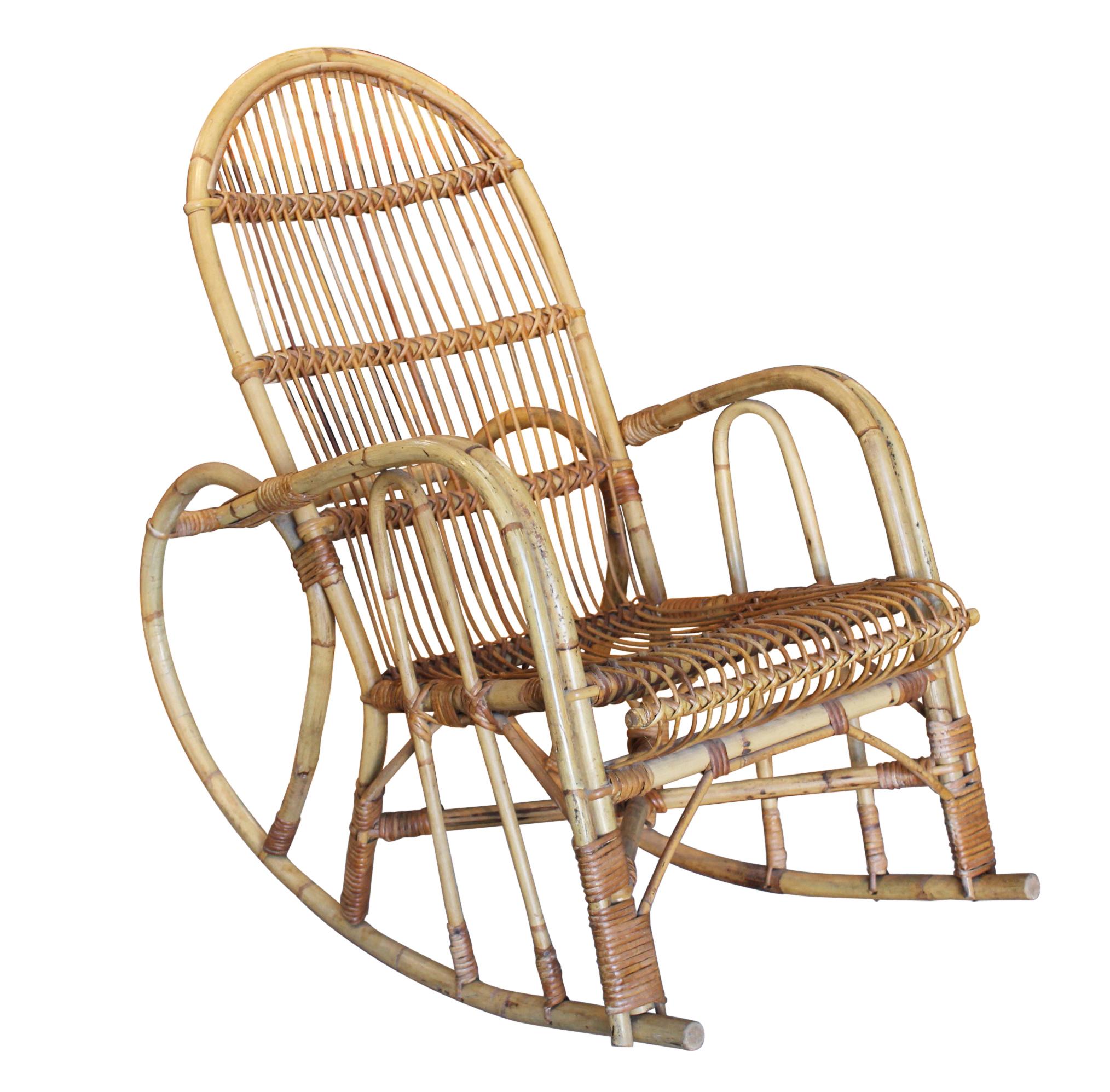 1970s Spanish Bamboo and Willow Wicker Rocking Chair For Sale