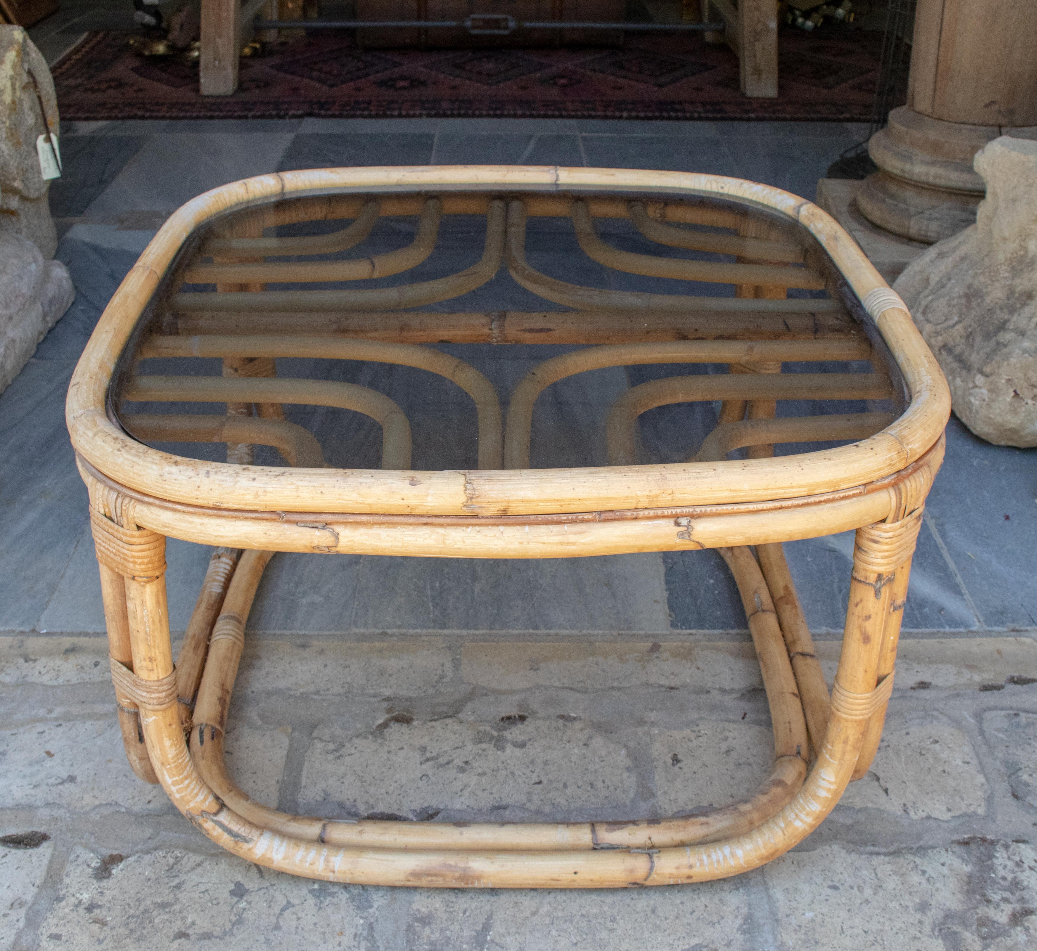 vintage bamboo coffee table with glass top