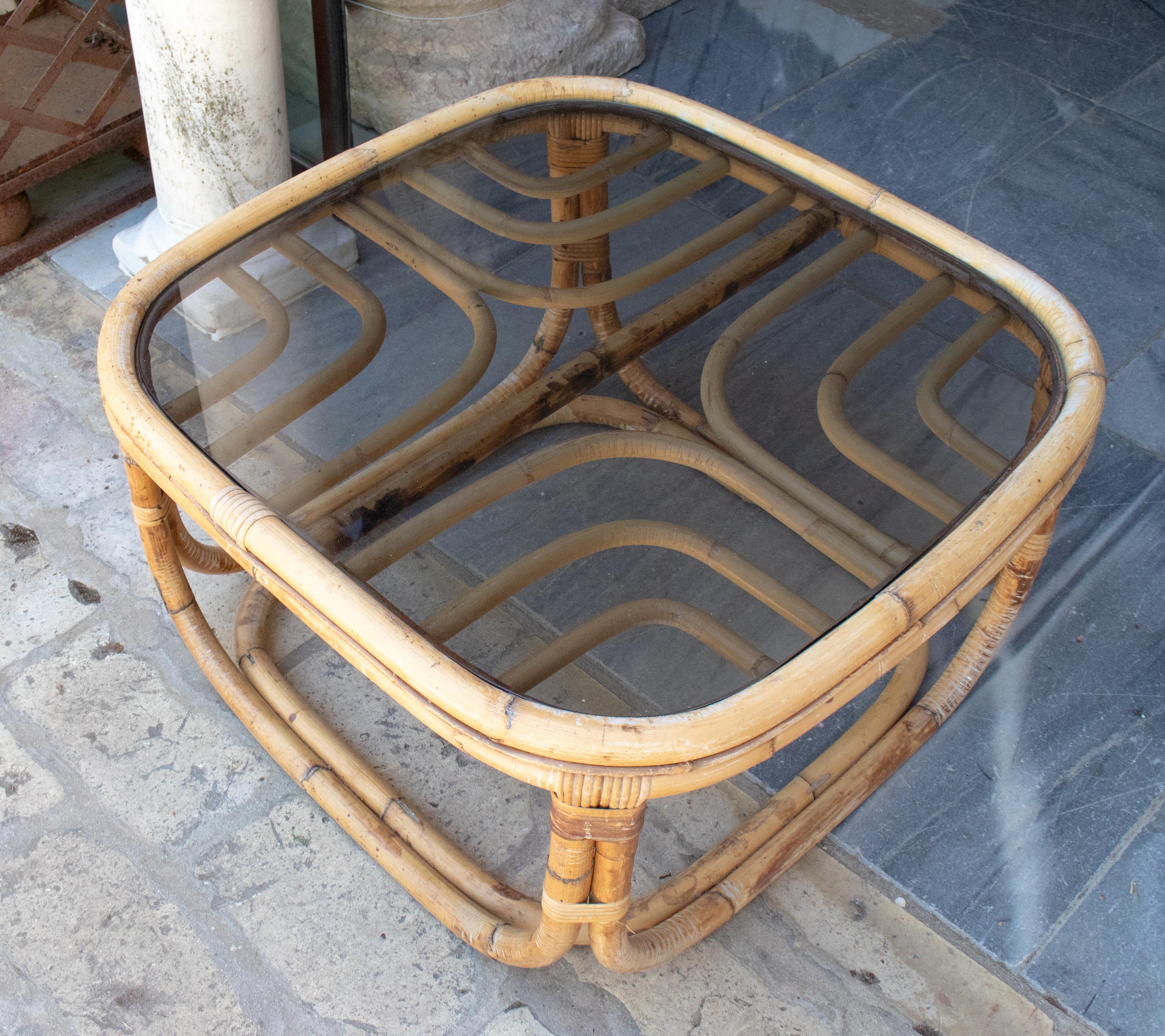 20th Century 1970s Spanish Bamboo Coffee Table with Smoked Glass Top