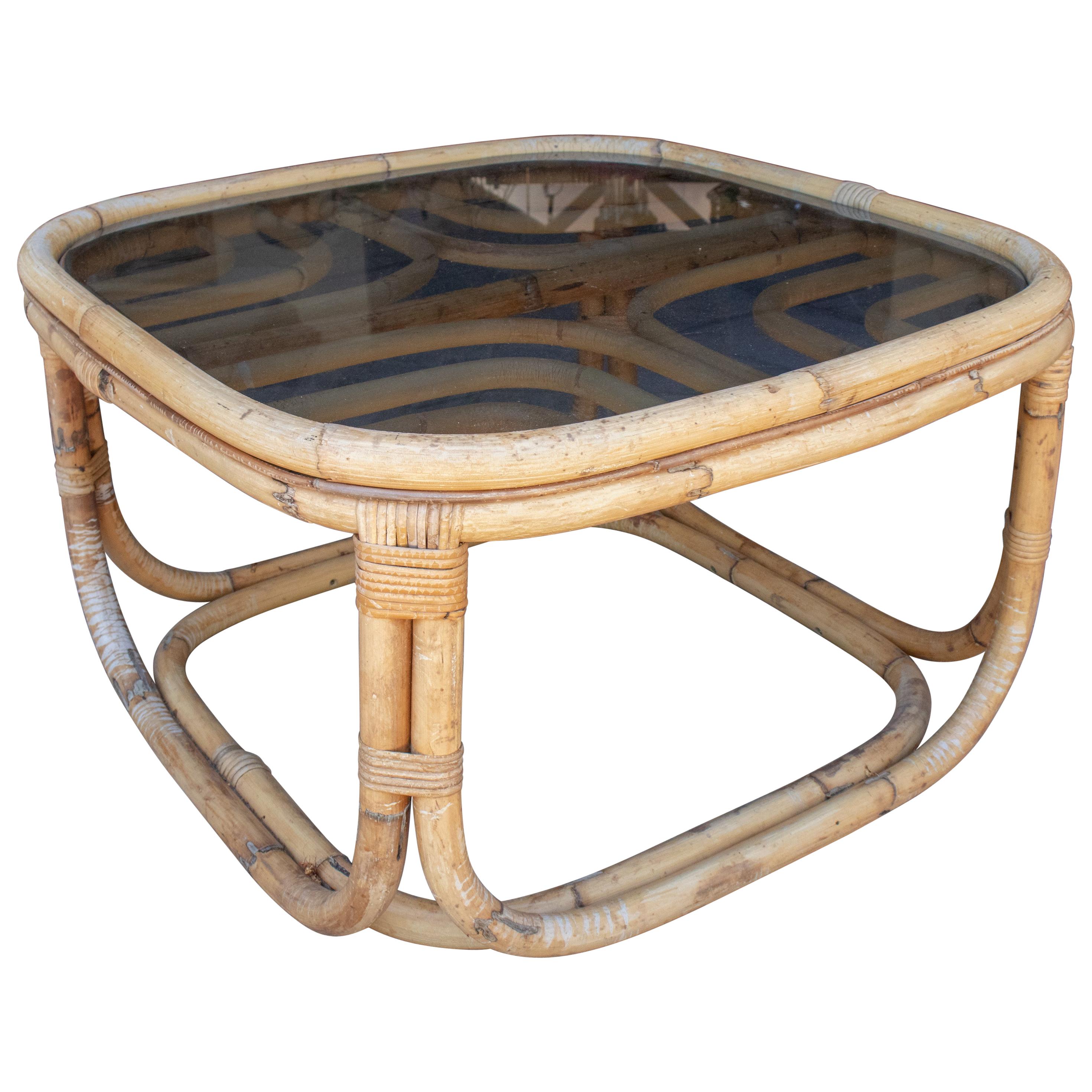 1970s Spanish Bamboo Coffee Table with Smoked Glass Top