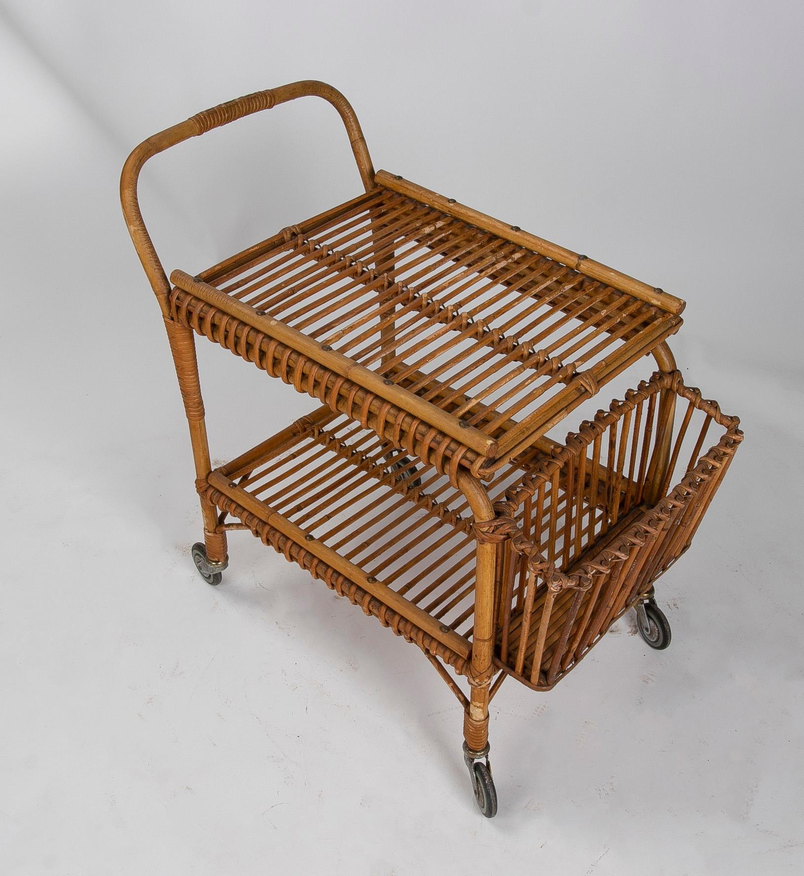 1970s Spanish bamboo drinks trolley with wheels.