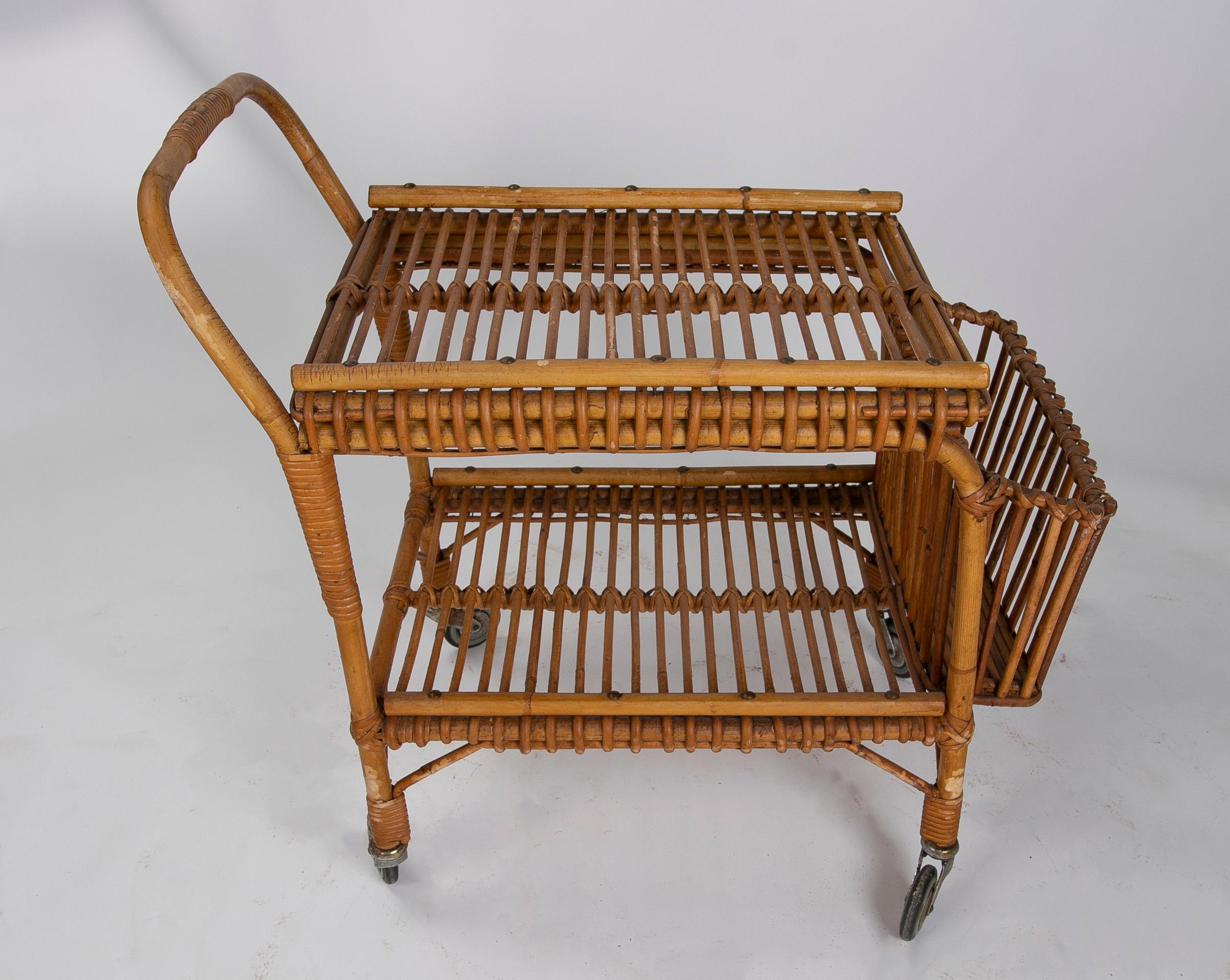 1970s Spanish Bamboo Drinks Trolley with Wheels  For Sale 2