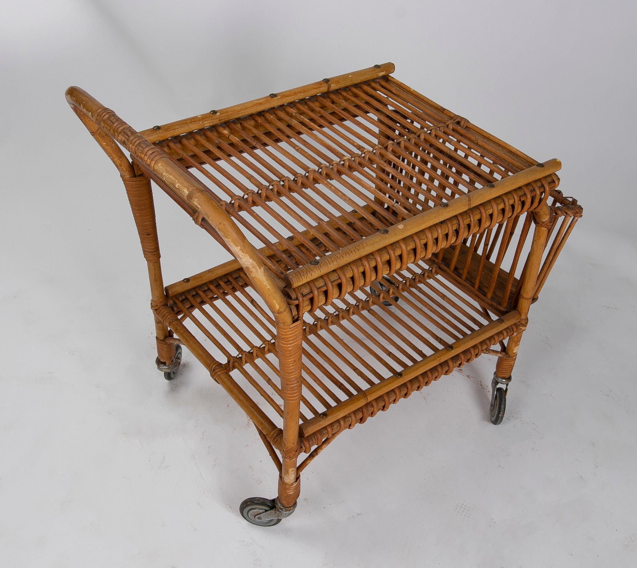 1970s Spanish Bamboo Drinks Trolley with Wheels  For Sale 3